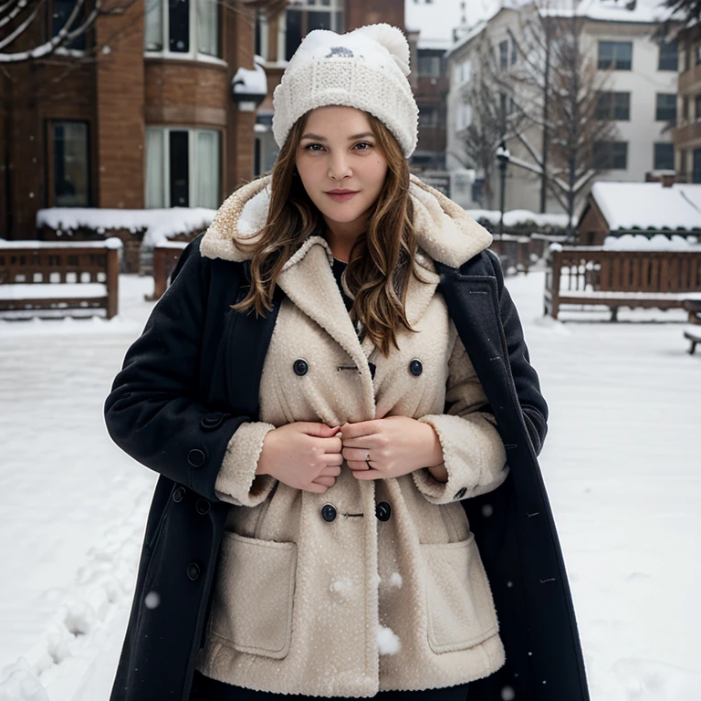 Drew Barrymore in the snow wearing a coat and hat