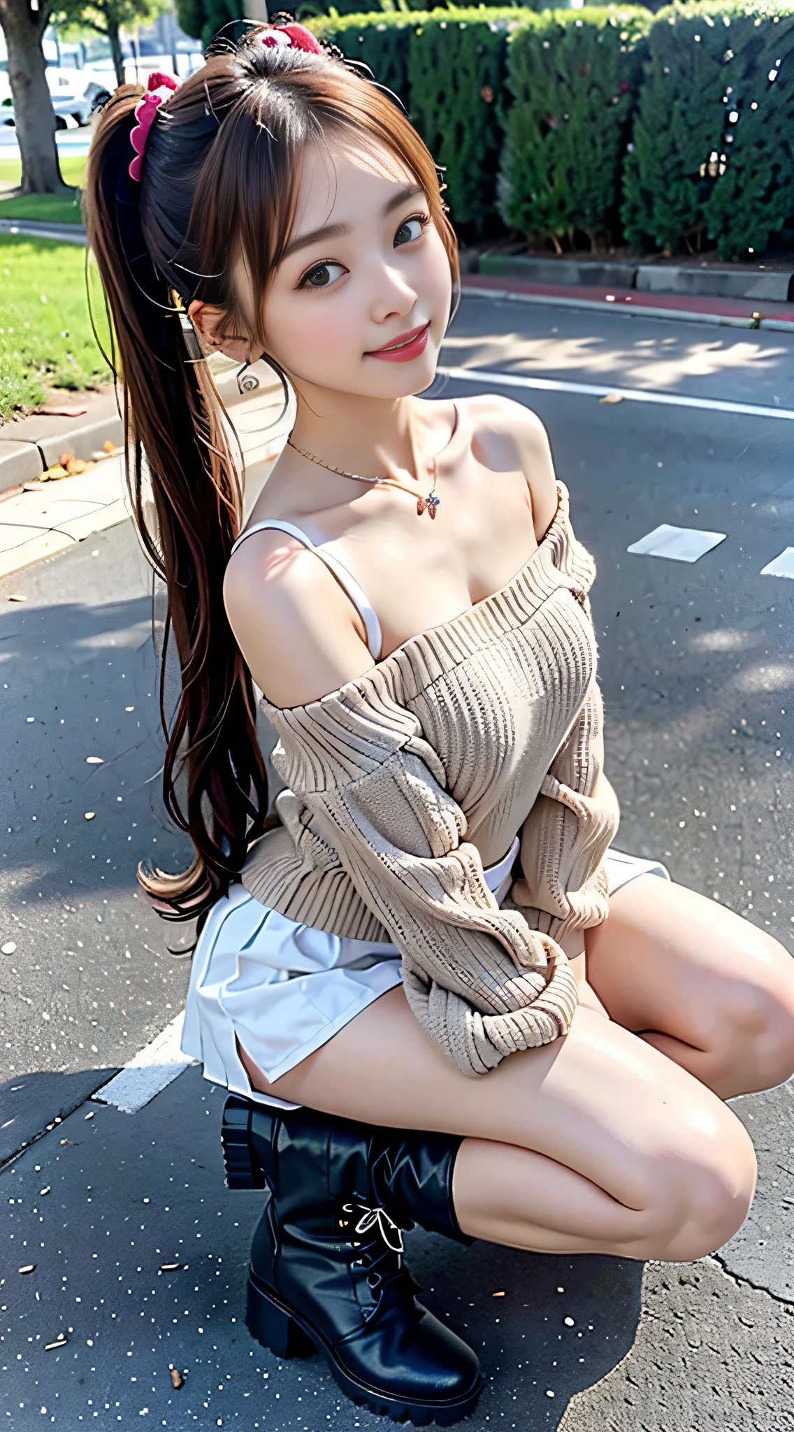 ((highest quality)), ((table top)), from below、low angle shot、strong wind、Panty shot、 (Full body photo looking up from the feet)、perfect face,big and full breasts、slim body shape、beautiful skin,Moist eyes、natural makeup、Cute 18 year old Japanese girl,((big twin tails、Scrunchie))、brown hair,messy hair,wonderful smile,autumn park、Standing on the stairs、autumn ladies fashion、Wearing an off-shoulder long-sleeved sweater、Wearing a checked mini skirt、((Wearing ankle-high boots))、show me your beautiful thighs、Stretch out your slim body shape's legs to the left and right、inner stock、black rimmed square glasses、necklace、earrings、