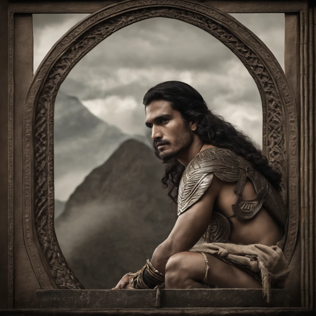 Colombia, year 300 AD, vintage metal embossing in the male native south american style of the time, handsome Cacique Maitamá, 33-year-old man. long, straight black hair down her back. Full-length-type image