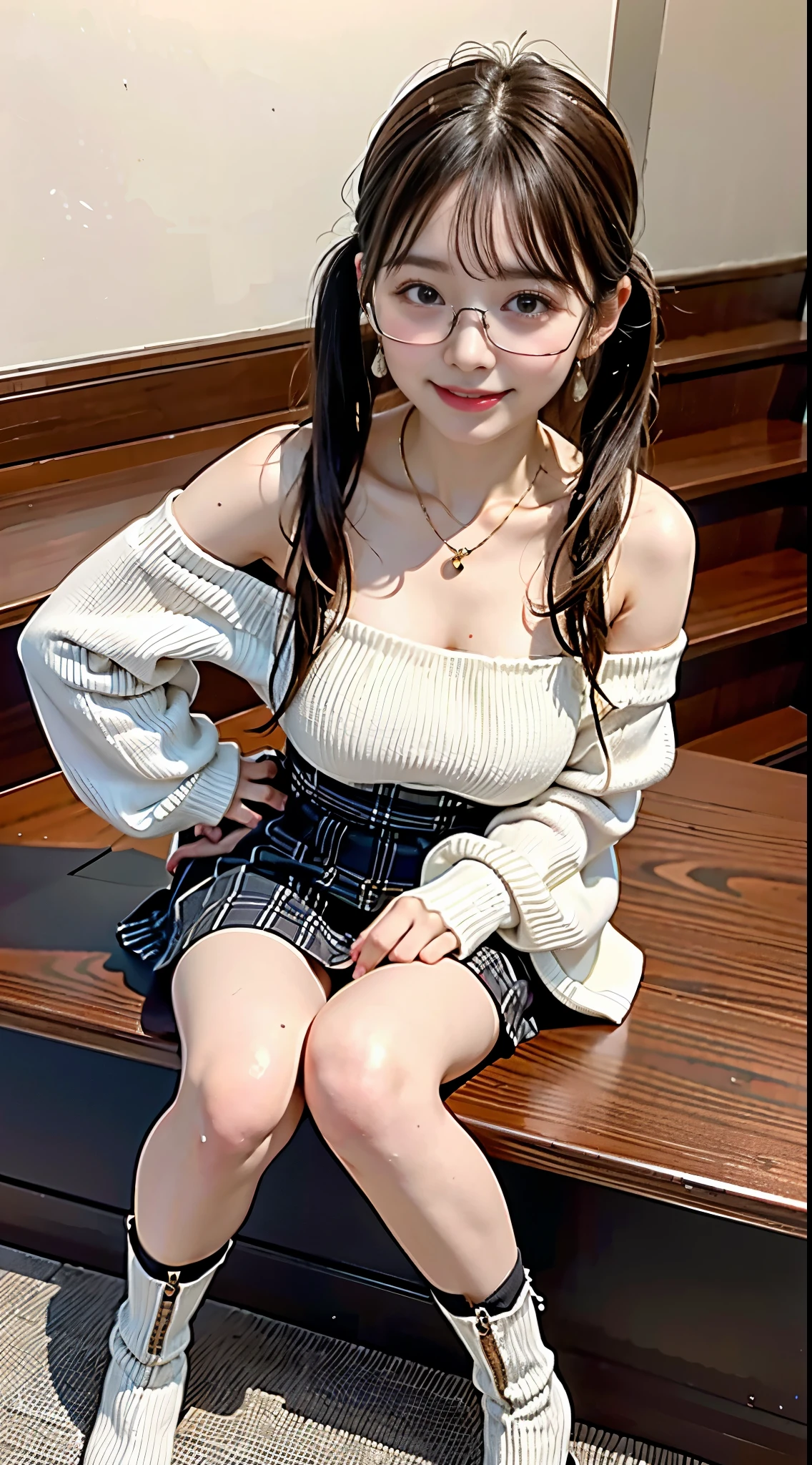 (perfect black frame plastic glasses detail, perfect double eyelids:1.5) (8k, RAW photo, best quality, masterpiece, ultra detailed:1.2) (realistic:1.4) soft light, blurred background, depth of field, close up (from below:1.3)
BREAK
Japanese girl, solo (extremely detailed face, perfect eyes:1.2) detailed black long hair, pale skin texture, looking up at viewer,seductive smile( big breasts) (sexy gravure pose), tilting head, perfect limbs (spread legs:1.3) wariza (ugly pattern colorful rainbow sweater:1.3) (cosy living room: 1.2) panties, bare legs, fluffy carpet