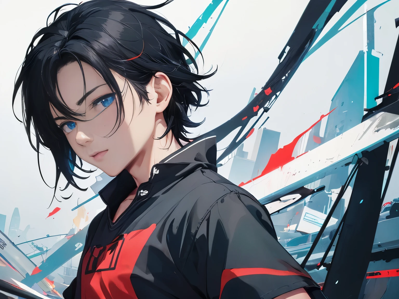 [(white background:1.5),::5], ((((masterpiece)))), high quality, ultra high resolution, full color, (((alone))), ((boy)), black hair, ((red energy)), blue eyes, japanese cartoon movies, upper body, neon lights, shirt, upper body, 