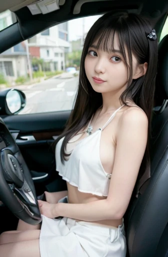 best quality, detailed, beautiful, insanely detailed, absurdres,perfect anatomy,
Japanese woman,black hair,27 years old,
(slender),
(small breasts best quality),car, delightful, laughing, front view, (green halter top:1.0), (black mini skirt:1.0), (Wearing white panties1.0),(white panties:1.0),(showing off pantie:1.1), (A scene where you are holding the steering wheel while driving a car:1.2),cowboy shot, from front, dutch angle shot