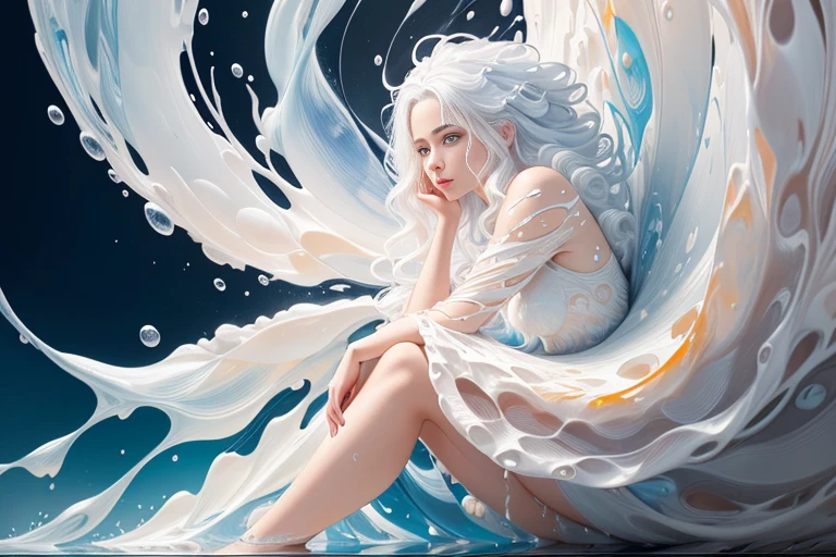 A young woman with white hair sitting inside a shell, Perfect proportions, (detailed eyes, eye correction), wavy hair, emotions and feelings, ((More liquid paint splashes)), sitting posing for a photo, side view, (Abstract art:1.6), (Delicate images), (Photorealistic: 1.4), (Highly detailed), (high resolution), (Best quality), (masterpiece)