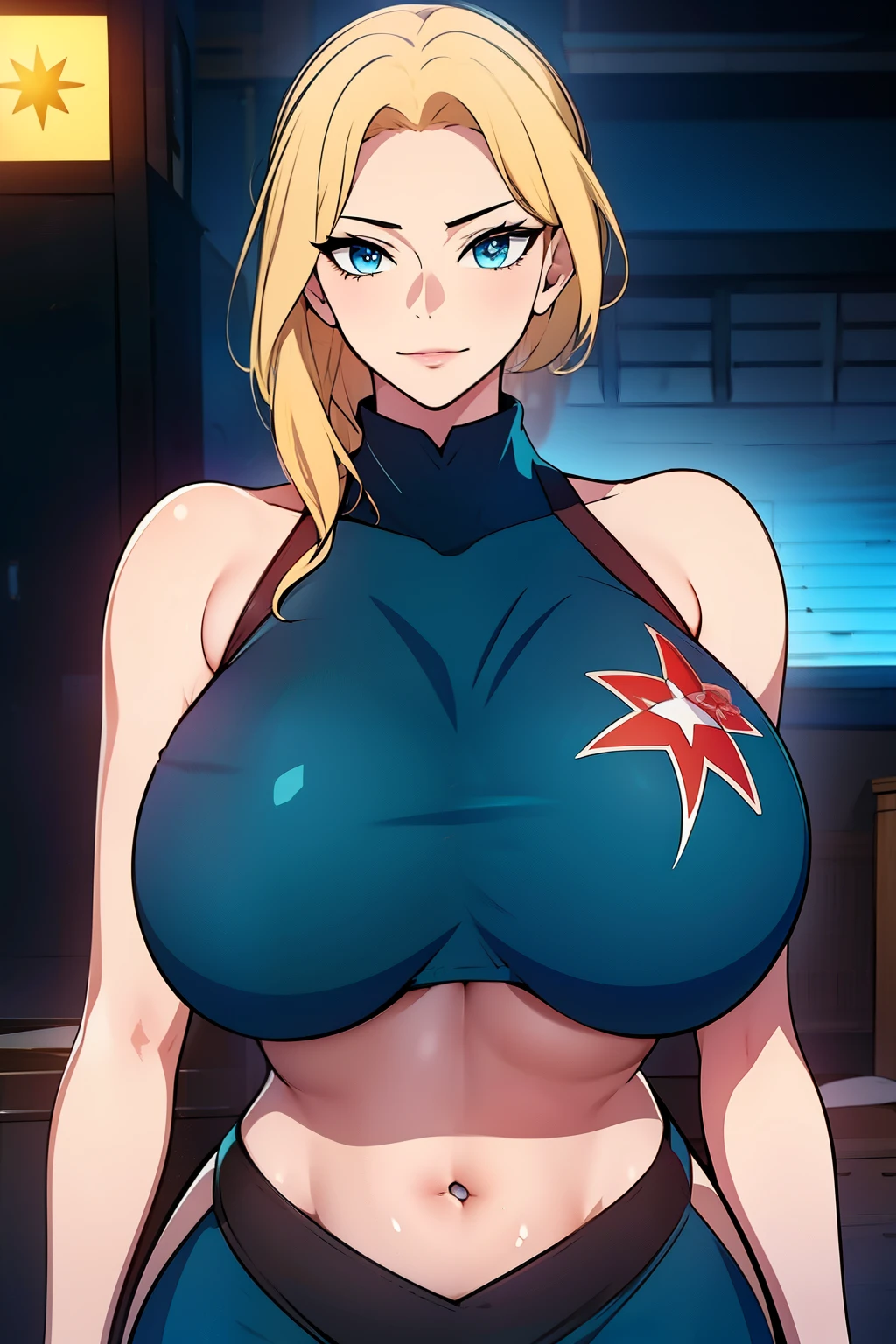 An anime-style artwork depicting ruan mei from the game Honkai star rail.

Tags: ruan mei, anime, detailed eyes, detailed lips, crop top, turtleneck, pencil skirt, smiling expression, intense gaze, glowing emblem on hand, dynamic pose, mystical background, vibrant colors, digital art, high-resolution, professional quality, gigantic breasts, (underboob : 1.4), curvy, cowboy shot, (gigantic breasts: 1.4), (blue eyes: 1.4), (blonde hair: 1.4)