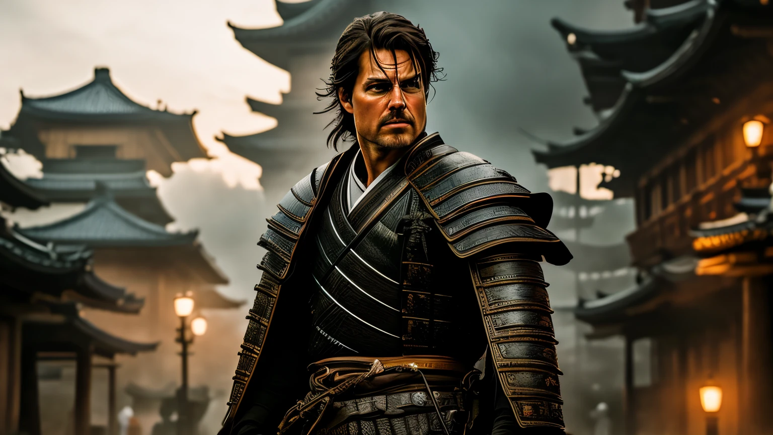 insanely detailed, Detailed portrait of illustration,masterpiece, best quality, beautiful lighting,Tom Cruise, dressed as a samurai, walking alone, 8k uhd, film grain,realistic,