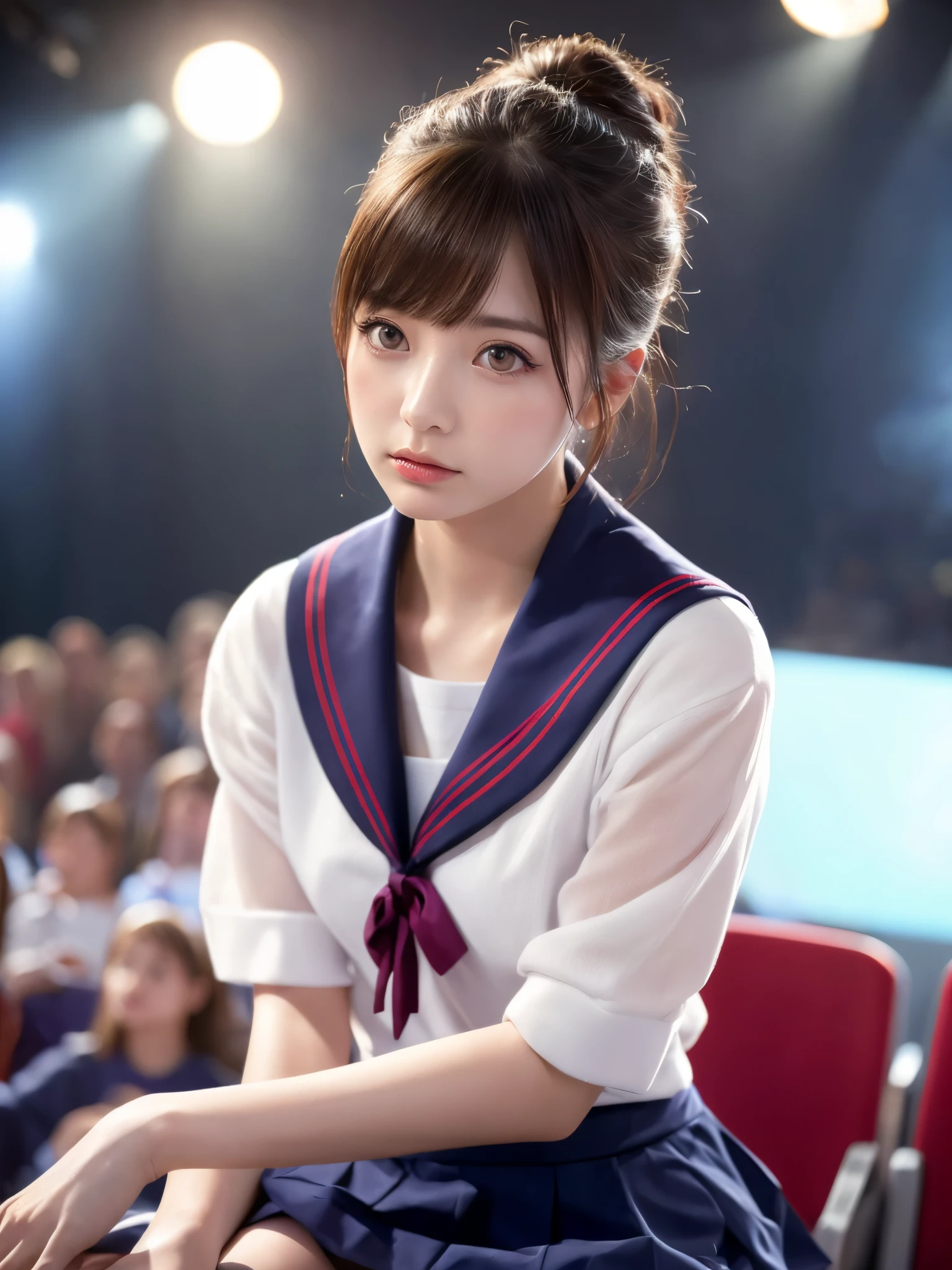 White base with purple-red sailor suit、tulle skirt、23 years old, Performing on an empty stage, concert photos, cute core、(bob hair)、(((watching the audience)))、ribbon on head、(自然でdetailed face立ち、beautiful and detailed eyes、beautiful and dense lips、very detailed eyes、detailed face、long eyelashes)(8K resolution)、High resolution、masterpiece:1.2 )、Super detailed、(real、photorealistic、photorealistic: 1.37)、8K、fantastic lighting、bright colors、sitting posture