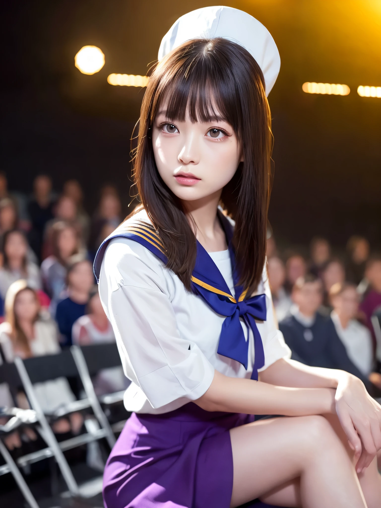 White base with purple-red sailor suit、tulle skirt、23 years old, Performing on an empty stage, concert photos, cute core、(bob hair)、(((watching the audience)))、ribbon on head、（自然でdetailed face立ち、beautiful and detailed eyes、beautiful and dense lips、very detailed eyes、detailed face、long eyelashes）（8K resolution）、High resolution、masterpiece：1.2 )、Super detailed、(real、photorealistic、photorealistic: 1.37)、8K、fantastic lighting、bright colors、sitting posture