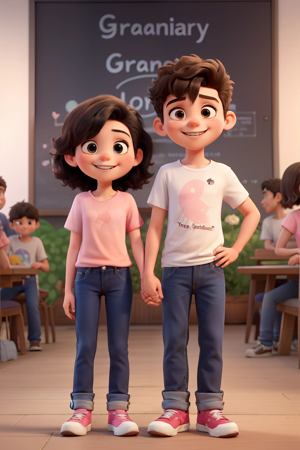 A happy and grateful boy and girl with a sign in their hand that says: Gracias por apoyar nuestro emprendimiento.
The boy dressed in jeans and a white t-shirt and the girl with long hair and dressed in jeans and a pink blouse. Girl with Black hair, boy with short hair sign in hand with message