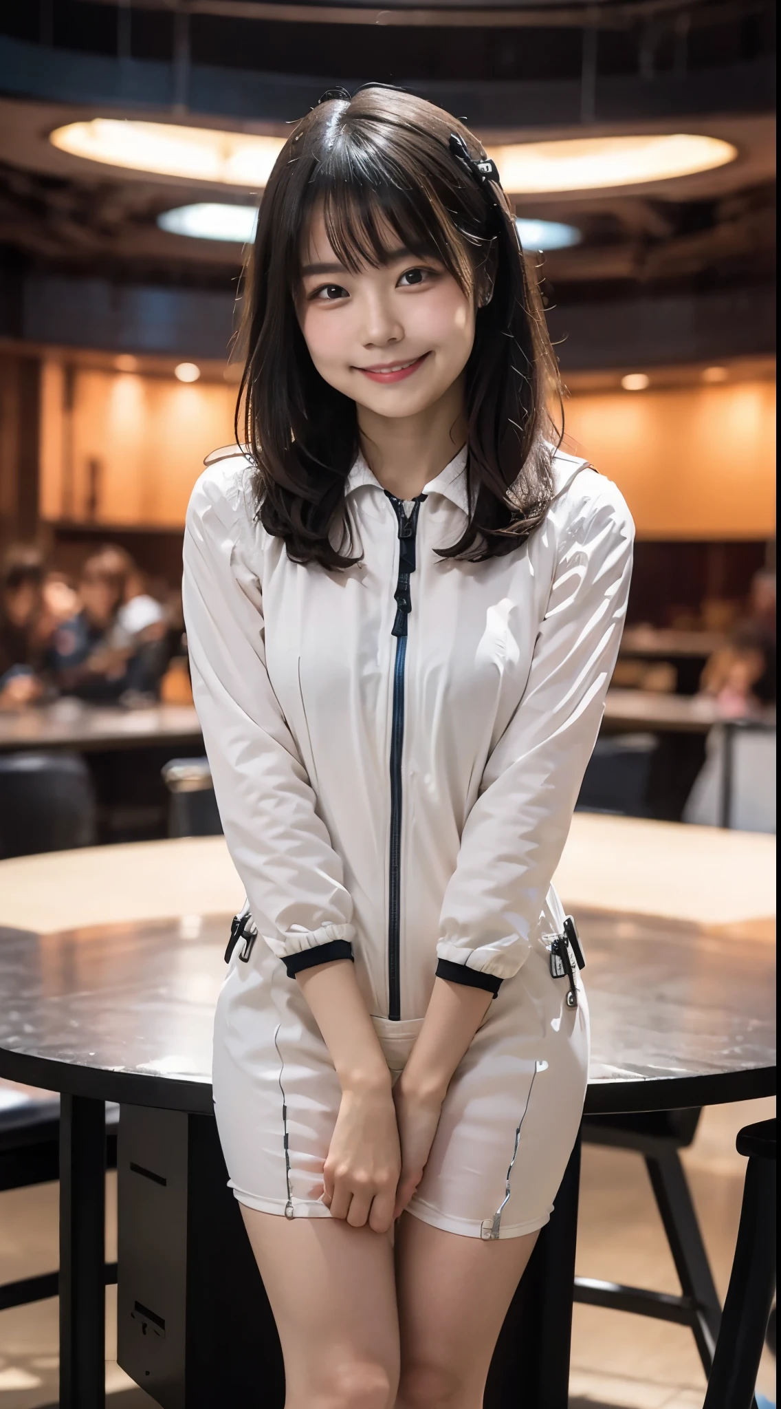 (8K、RAW photo、highest quality、masterpiece:1.2),(spread your legs wide),(black haired、Two Side Up Hair:1.4),looking at the viewer,Looking at the front,erotic,white skin,(plug suit:1.7),absurd,、超A high resolution,,Len,beautiful feces,one person, solo,whole body,high school girl,japanese woman,standing,(Photoreal:1.37)、photon mapping,realistic、(cute little face: 1.6)、(cute smile: 1.7)、(With a round face: 1.7)、radio city、物理ベースのLenダリング、prospect、depth of field rally background、picture,beautiful feet, I can see your knees,thigh,Nogizaka Idol, , japanese id、大きくて胸がいっぱいの体のpicture、Super fine、sit at the desk and spread your legs