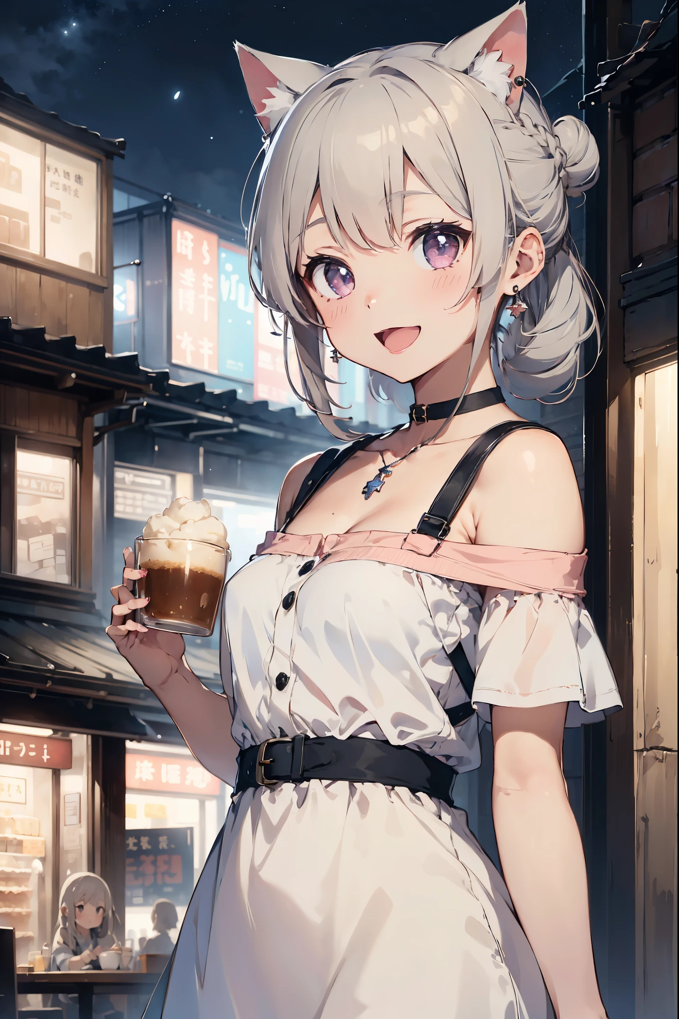 (perky chest:1.2), (pointed chest:1.2),(((Black Tunic:1.3))),(((cakes and bread in the basket),Cute and beautiful girl,Cute round face,Cute smile,with blush cheeks,Red Lip,solo, looking at viewer, open mouth, have a cute grass of cute beergrass,black hair, dark green eyes, dress, bare shoulders, jewelry, collarbone, sidelocks, hairband, earrings, indoors, off shoulder, sweater, arms behind back, plant, short hair with long locks, gild hairband, off-shoulder dress, sweater dress, off-shoulder sweater, black sweater, dark gord hair, big side hair, very long side hair,is rendered in (masterpiece: 1.2, best quality), with (ultra high resolution) and an exquisite (depth of field),(Bangs are see-through bangs),hair pin,hair adornments,detailed clothes features,Detailed hair features,detailed facial features,(Dynamic angles),(Dynamic and sexy poses),Cinematic Light,(masutepiece,top-quality,Ultra-high resolution) ,(The 8k quality,Anatomically accurate facial structure,),(Sea Art 2 Mode:1.3),(Image Mode Ultra HD) ,(Hold a coffee in your hand:1.3),delicate beautiful face, Bright blue eyes, cute eyes, sparkling eyes, Big eyes, (perky chest:1.1), (pointed chest:1.3), looking at viewer,