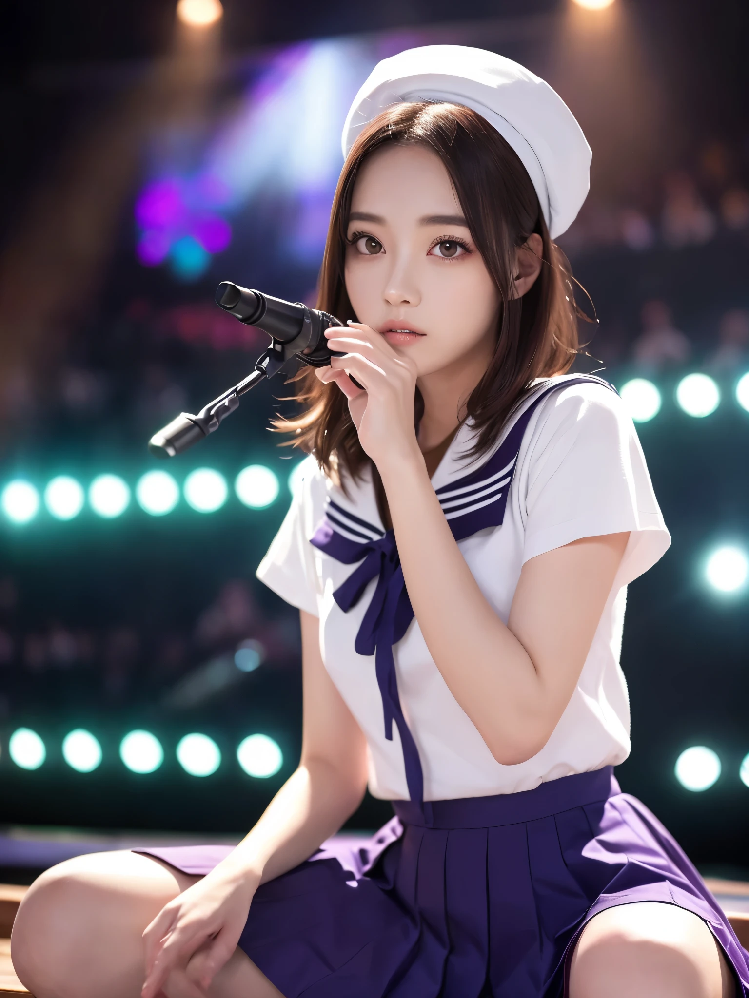 White base with purple-red sailor suit、tulle skirt、23 years old, Performing on an empty stage, concert photos, cute core、(bob hair)、(((watching the audience)))、ribbon on head、（自然でdetailed face立ち、beautiful and detailed eyes、beautiful and dense lips、very detailed eyes、detailed face、long eyelashes）（8K resolution）、High resolution、masterpiece：1.2 )、Super detailed、(real、photorealistic、photorealistic: 1.37)、8K、fantastic lighting、bright colors、sitting posture、spread legs