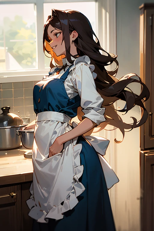 ((best quality)), ((masterpiece)), (detailed), perfect face mid-thirties, exuding an aura of maturity and experience. Her long chestnut hair cascades down her back in loose waves, framing a face marked by subtle laugh lines at the corners of her eyes and full, lush lips often curved into a reassuring smile. Standing tall at five feet six inches, she carries herself with grace and poise, accentuated by toned arms revealed beneath her apron as she works diligently in the kitchen. There's something undeniably captivating about her presence—an irresistible mix of maternal warmth, feminine charm, and unspoken sensuality that lingers in every movement she makes. In the kitchen, making fried eggs and bacon