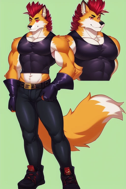 Furry, anthropomorphic wolf, orange fur, red hair, mohawk hairstyle, red eyes, 6'7 and 233, 50" Chest, 21" Shoulders, 17" Biceps, 36" Waist, 25" thighs, 17" calves, 20" back, shirtless, wearing black leather sleeveless vest, wearing white t-shirt with sleeves ripped off, V-neck t-shirt, wearing black leather pants, wearing black leather boots, wearing black bandana with yellow four pointed star on it, wearing red boxing gloves