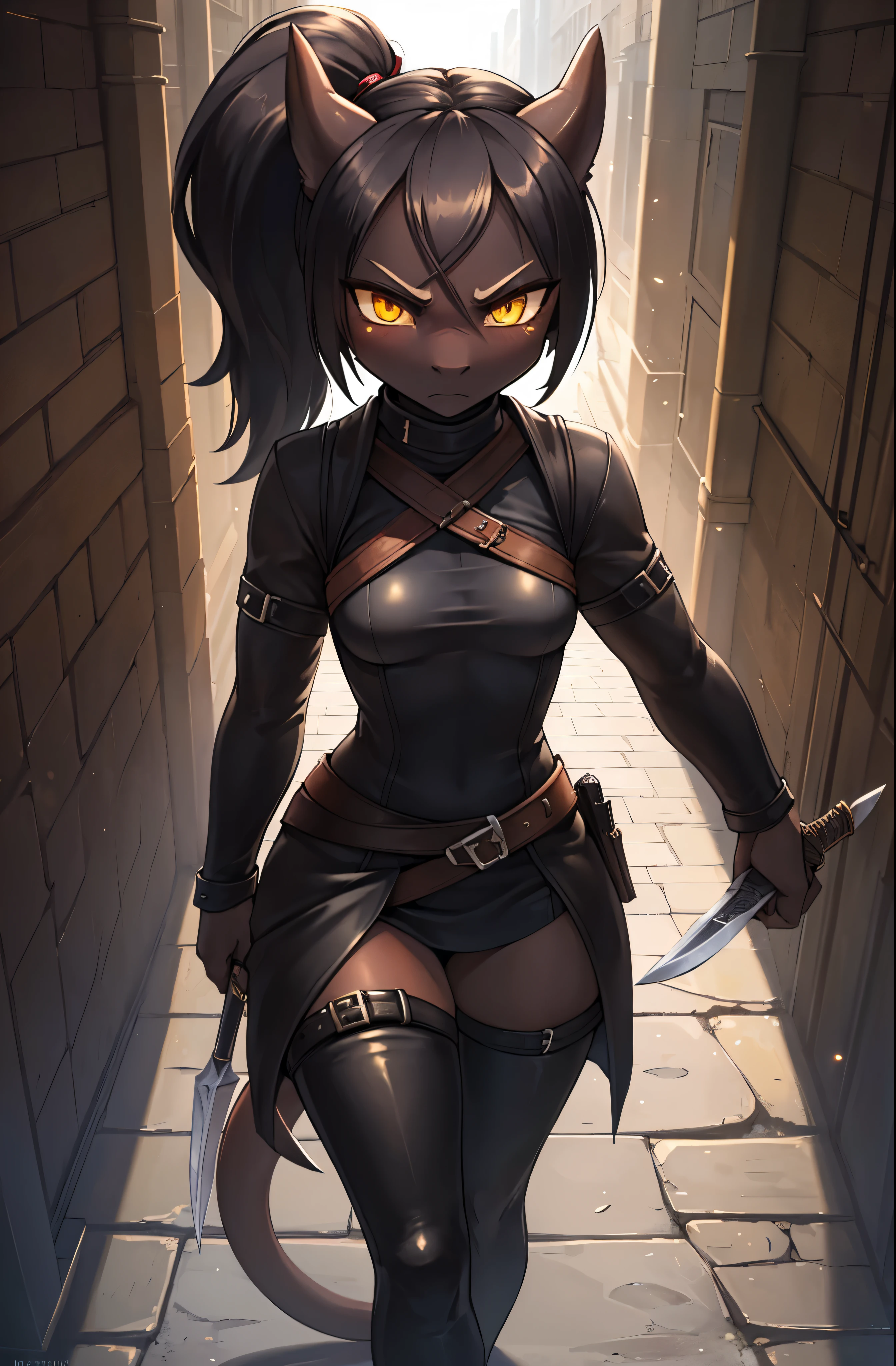 ((hi res)), ((masterpiece)) , ((best quality)), Kobold, Kobold tail 1Girl, Tall, Female, Black skin, Dark skin, Amber eyes, Black hair in a ponytail, Assassin, Black assassin outfit made of leather, Standing outside a large building, Knife on hip, Daylight, Scowl, Frown, Hateful look, High camera angle, Long legs, Small breasts
