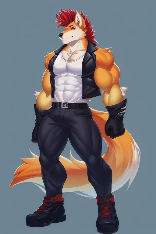 Furry, anthropomorphic wolf, orange fur, red hair, mohawk hairstyle, red eyes, 6'7 and 233, 50" Chest, 21" Shoulders, 17" Biceps, 36" Waist, 25" thighs, 17" calves, 20" back, shirtless, wearing black leather sleeveless biker vest, wearing white t-shirt with sleeves ripped off, V-neck t-shirt, wearing black leather pants, wearing black leather boots, wearing black bandana with yellow four pointed star on it, wearing red boxing gloves