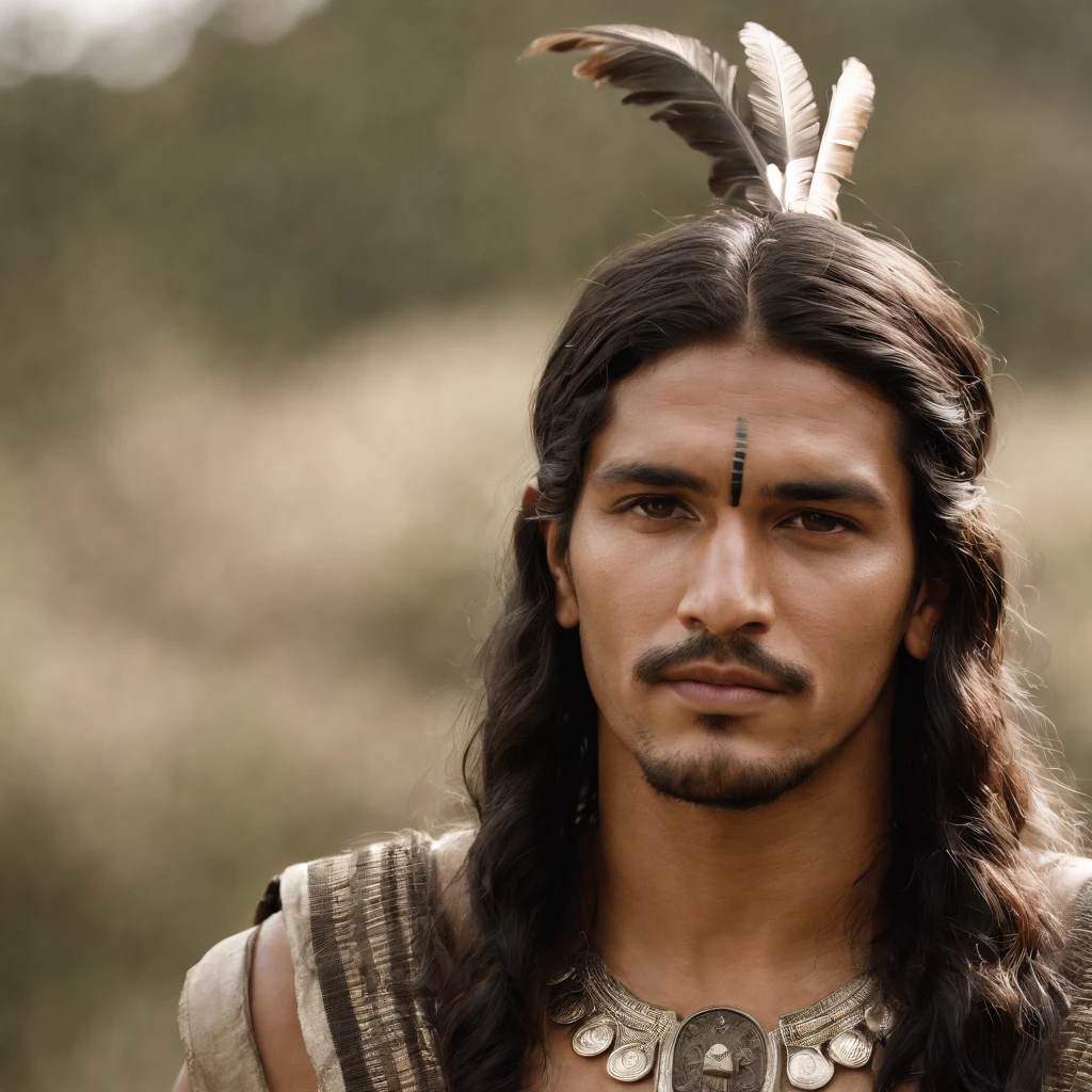 Colombia, year 300 AD, vintage metal embossing in the male native south american style of the time, handsome Cacique Maitamá, 33-year-old man. long, straight black hair down her back. Full-length-type image