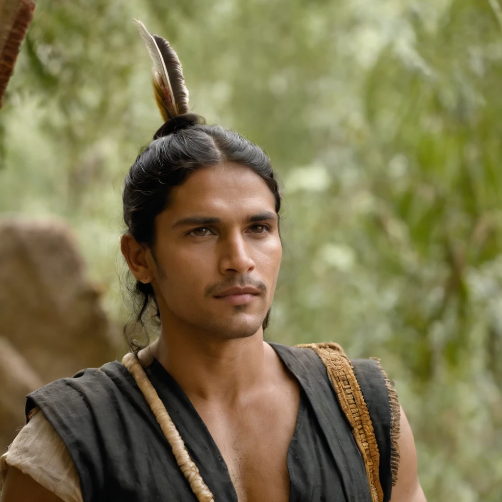Colombia, year 300 AD, vintage metal embossing in the male native south american style of the time, handsome Cacique Maitamá, 33-year-old man. long, straight black hair down her back. Full-length-type image