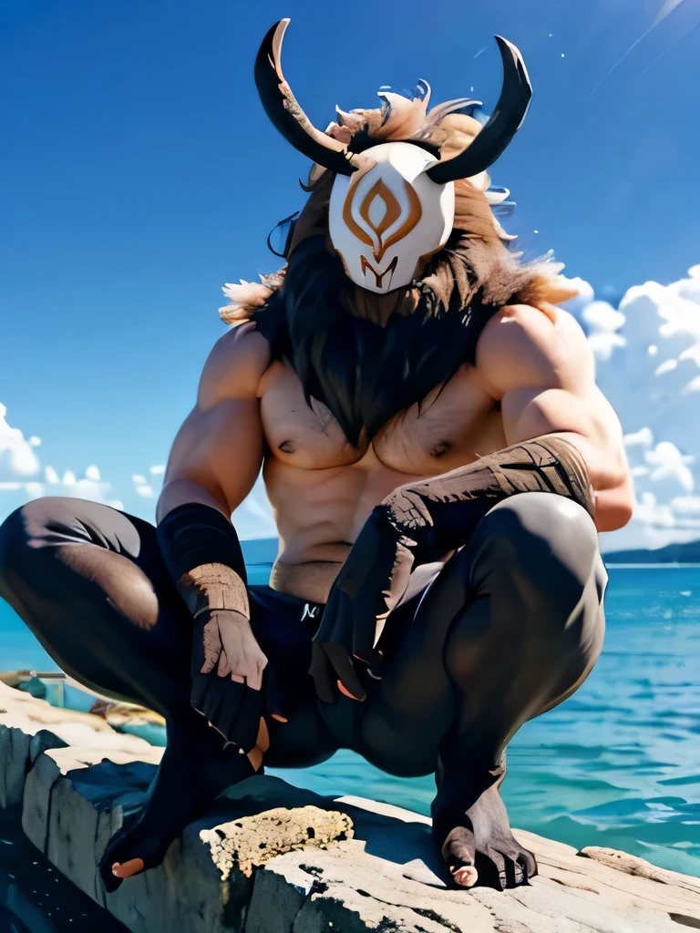 Hilichurl man, hilichurl mask, hairy body, muscular, muscular Feet, showing big hairy feet, black underwear, bulge, ocean scenery, big hairy Feet.