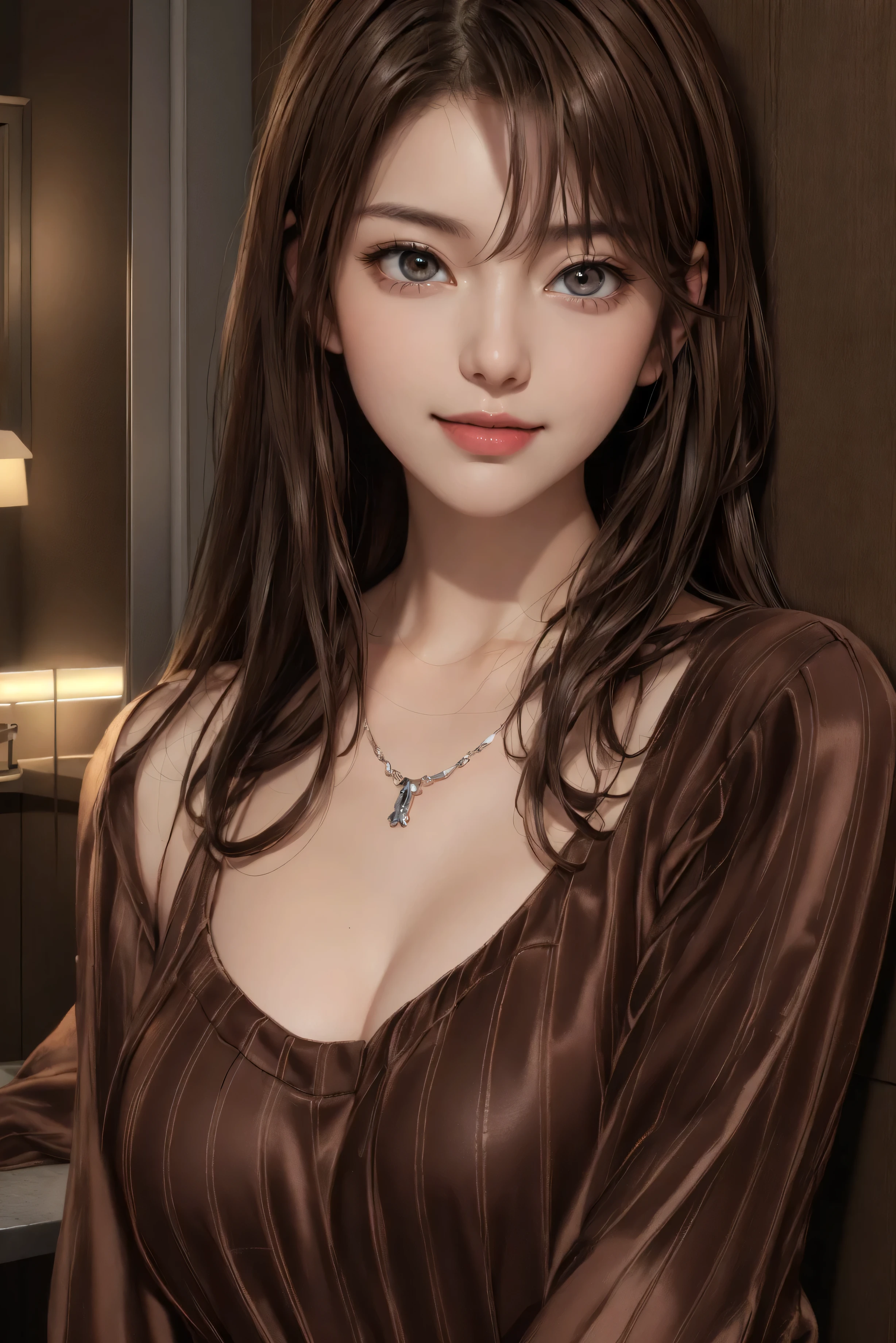 ((night、realistic light、highest quality、8K、masterpiece: 1.3))、1 girl、slim beauty: 1.4、(brown hair、medium breasts: 1.3)、pink long sweater: 1.1、Bathroom、ultra thin face、delicate eyes、 double eyelid、smile、necklace、brown eyes