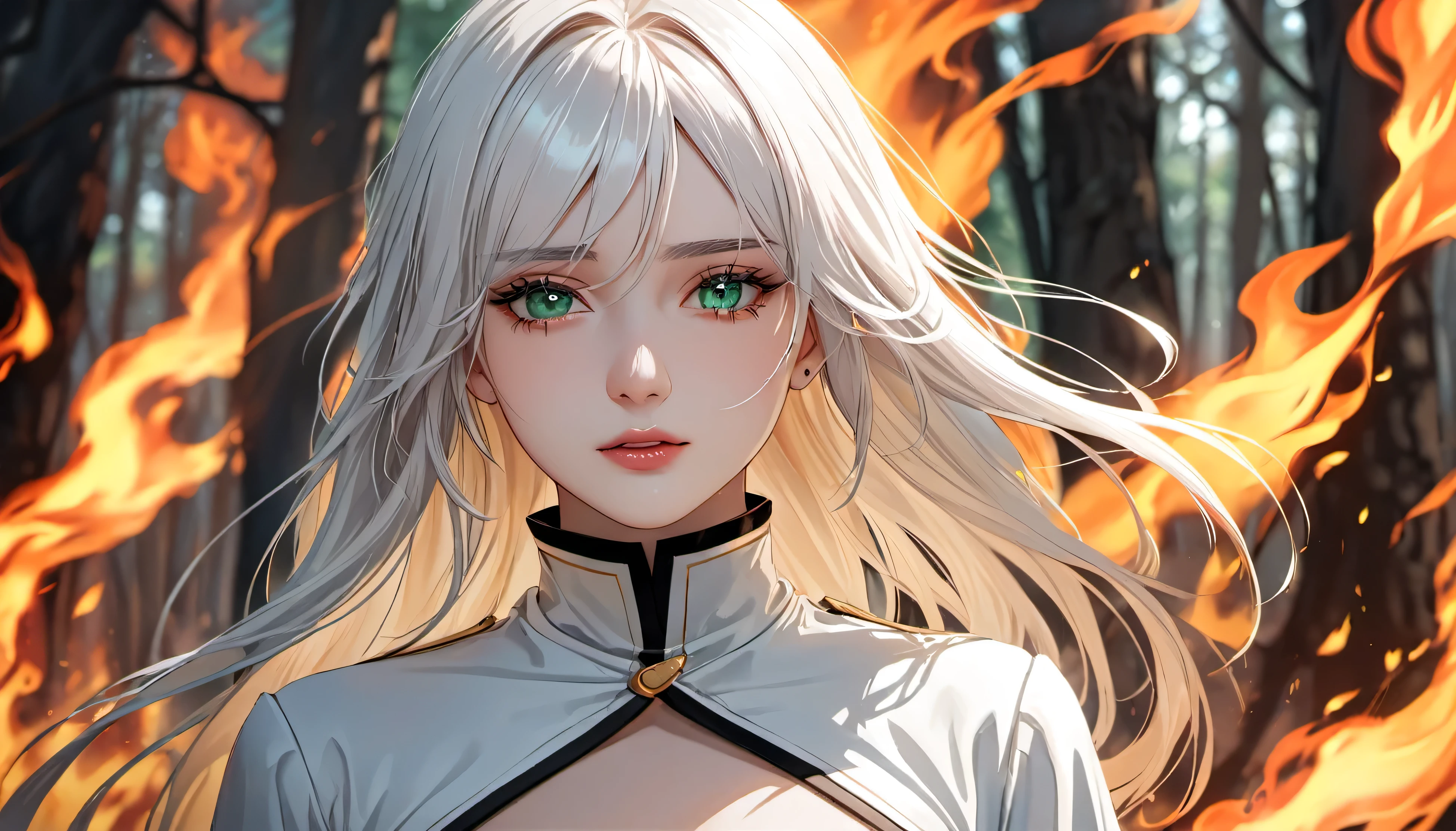 best quality, masterpiece, highres, solo, {viviana_arknights}, crying, sobbing, tears, portrait, looking at viewer, Frieren, Frieren and the Journey to the Afterlife elf girl, flowing hair, white hair, fire in the forest, looking at viewer, detailed iris, detailed eyes green, colors highly detailed, 8k, sharp, professional, clear, high contrast, high saturated, , vivid deep blacks, crystal clear, (forest background on fire), simple background, blurry background, masterpiece, best quality