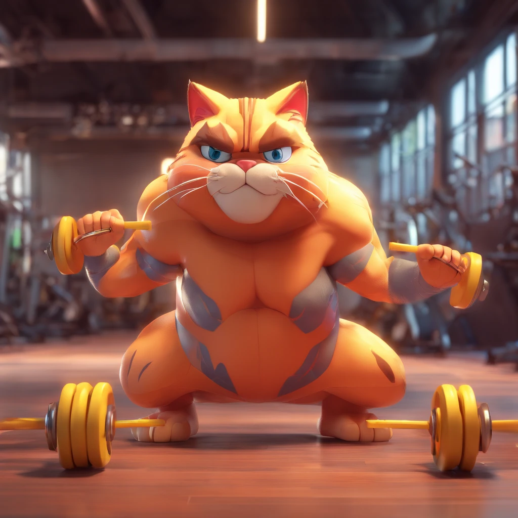 Disney Cartoon a strong cat  with muscles who is serious for the camera, iluminado por luzes de neon, in a weight training gym with dumbbells spread across the floor.