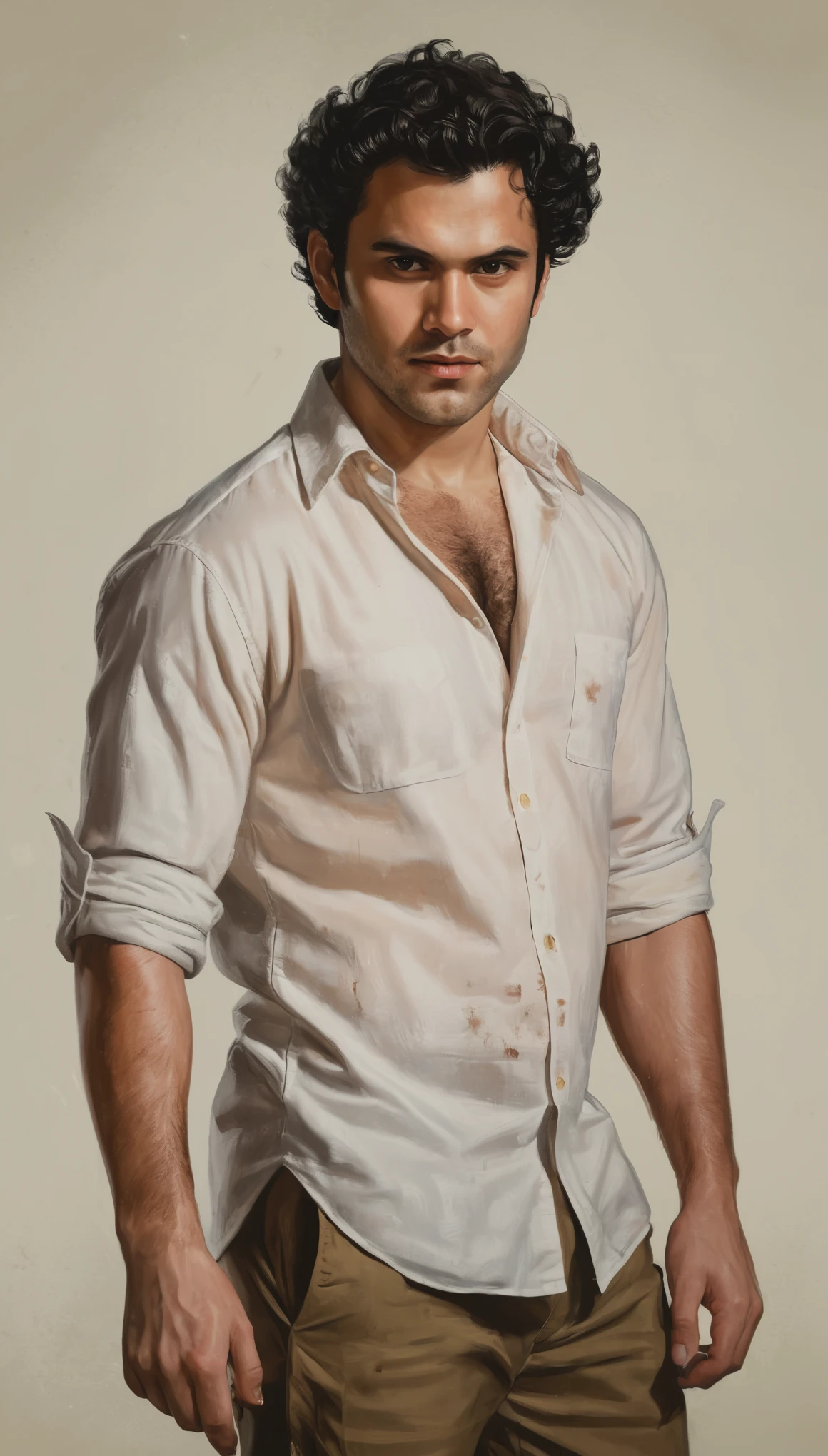 An illustrated movie poster, hand-drawn, full color, a male demon, 28 years-old, wearing a linen shirt and chinos, reddish skin, stocky physique, soft belly, slightly chubby, deep brown eyes, wide bulbous nose, full lips, devil horns, black hair, curly hair, thick bushy eyebrows, extremely hairy chest, stomach, and arms, lots of body hair, surrounded by fire, hard shadows, graphite shading, stencil markings, airbrushed acrylic paint, masterpiece