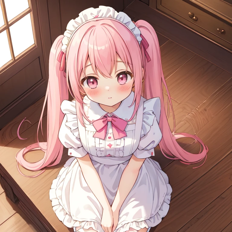 (best quality, masterpiece:1.2), illustrations, a cute girl, early teens, very lovingly face, twintails, pink hair, maid wear, (blush:1.1), kneeling on wooden floor, in front of standing viewer, (from above:1.5), over looking, in the livingroom,