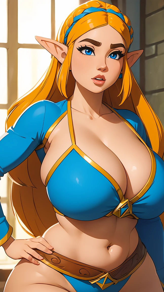 ((masterpiece)), ((best quality)), (detailed), perfect, solo, zelda, gorgeous woman with bikini, luscious lips, long hair, huge breast, deep cleavage, huge breasts, sexy,
