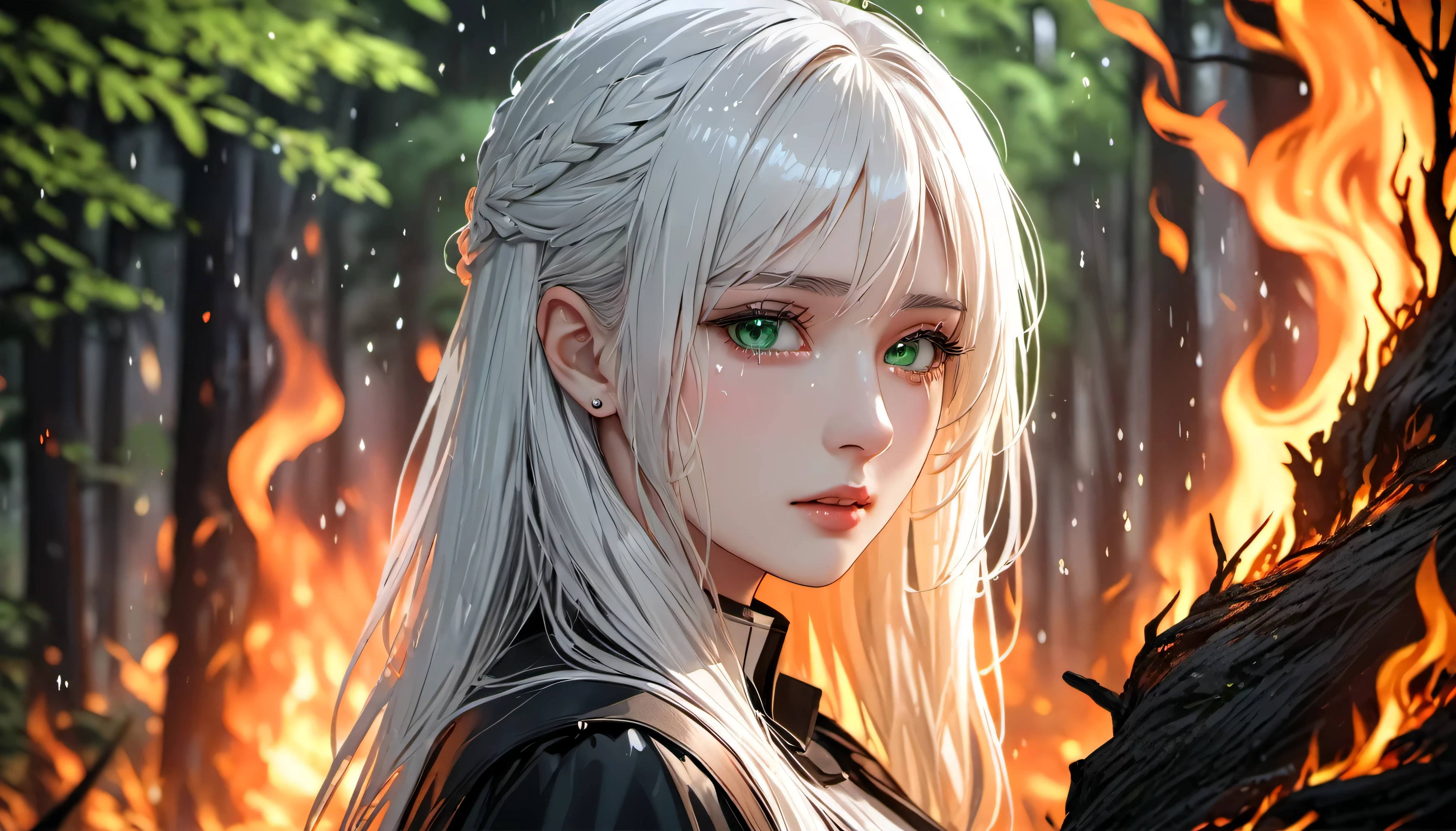 raining a lot, night, raining, best quality, masterpiece, highres, solo, {viviana_arknights}, crying, sobbing, tears, portrait, looking at viewer, Frieren, Frieren and the Journey to the Afterlife elf girl, flowing hair, white hair, fire in the forest, looking at viewer, detailed iris, detailed eyes green, colors highly detailed, 8k, sharp, professional, clear, high contrast, high saturated, , vivid deep blacks, crystal clear, (forest background on fire), simple background, blurry background, masterpiece, best quality