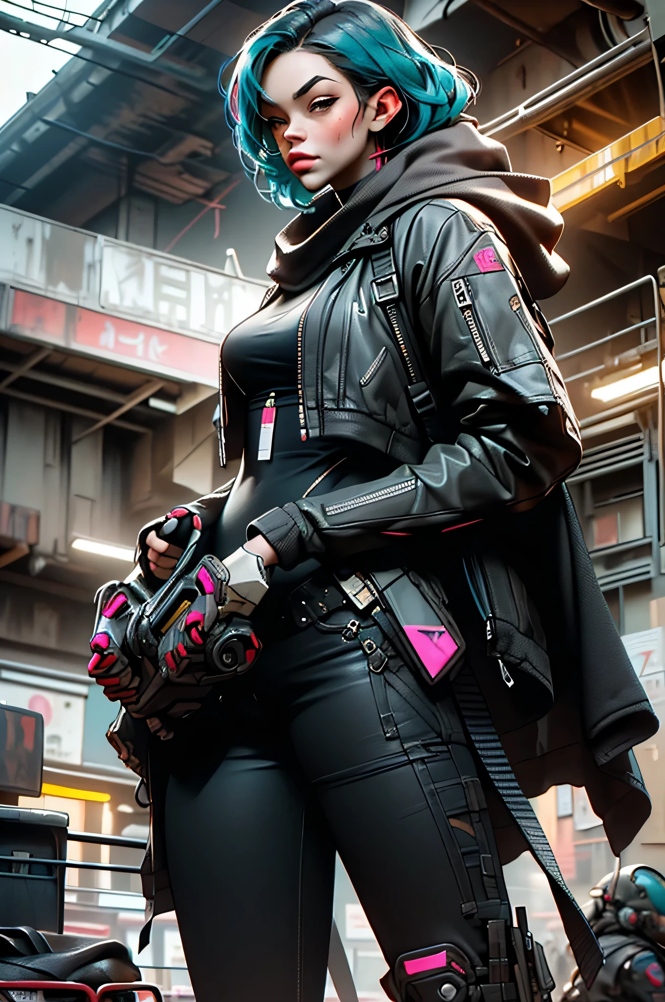 ((best quality)), ((masterpiece)), (very detailed body and face:1.3), 3D, Beautiful (cyberpunk:1.3) Beautiful woman with wavy hair and voluminous modern style VERY DETAILED AND BRIGHT,((with weapons in his hands) ), (((futuristic Mad Max movie style background))), (((pink and cyan neon lights at night))), night image, at night, 32k