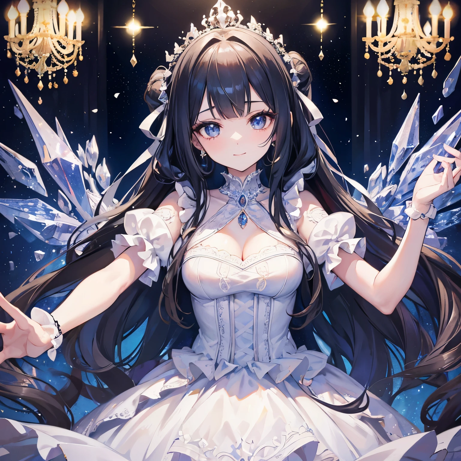 Dramatic composition, court-style dresses, royal, gorgeous, cascading frills, ruffles, bows, crystal chandeliers, Roman curly hairstyles, ponet, double ponytails like drills, look at the camera, bangs, maximalism, palatial background, delicate portrayal of hair and eyes, princess dresses, gorgeous skirts, flowers in hand, smiles, starry eyes, cinematic light, extreme detail, high definition, happy girl, very long hair, diamonds, broken diamonds, crystal fragments, light particles