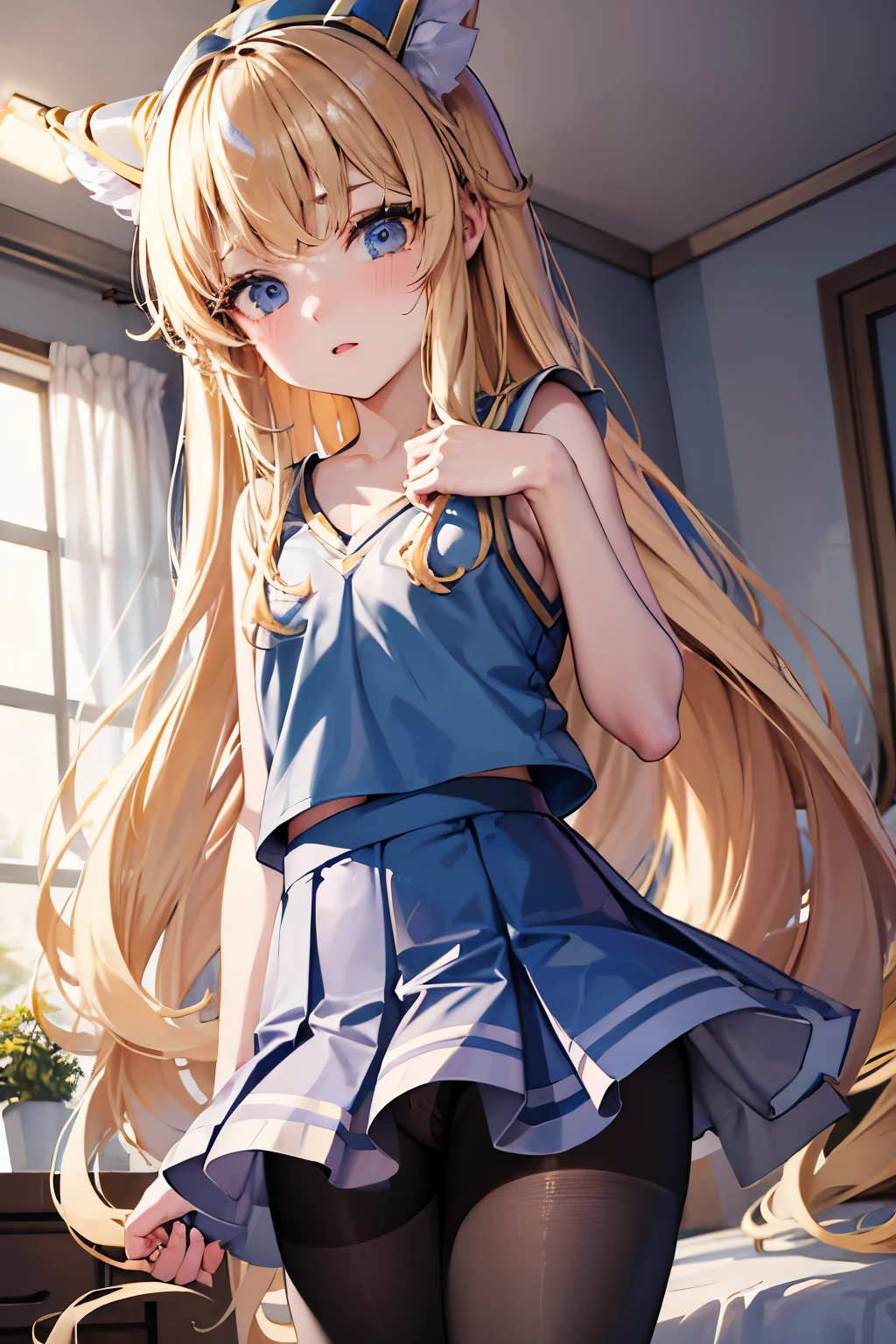 lease, blonde、long hair、cheerleader、pantyhose、Photo from below、medium chest、Bedroom、mini skirt