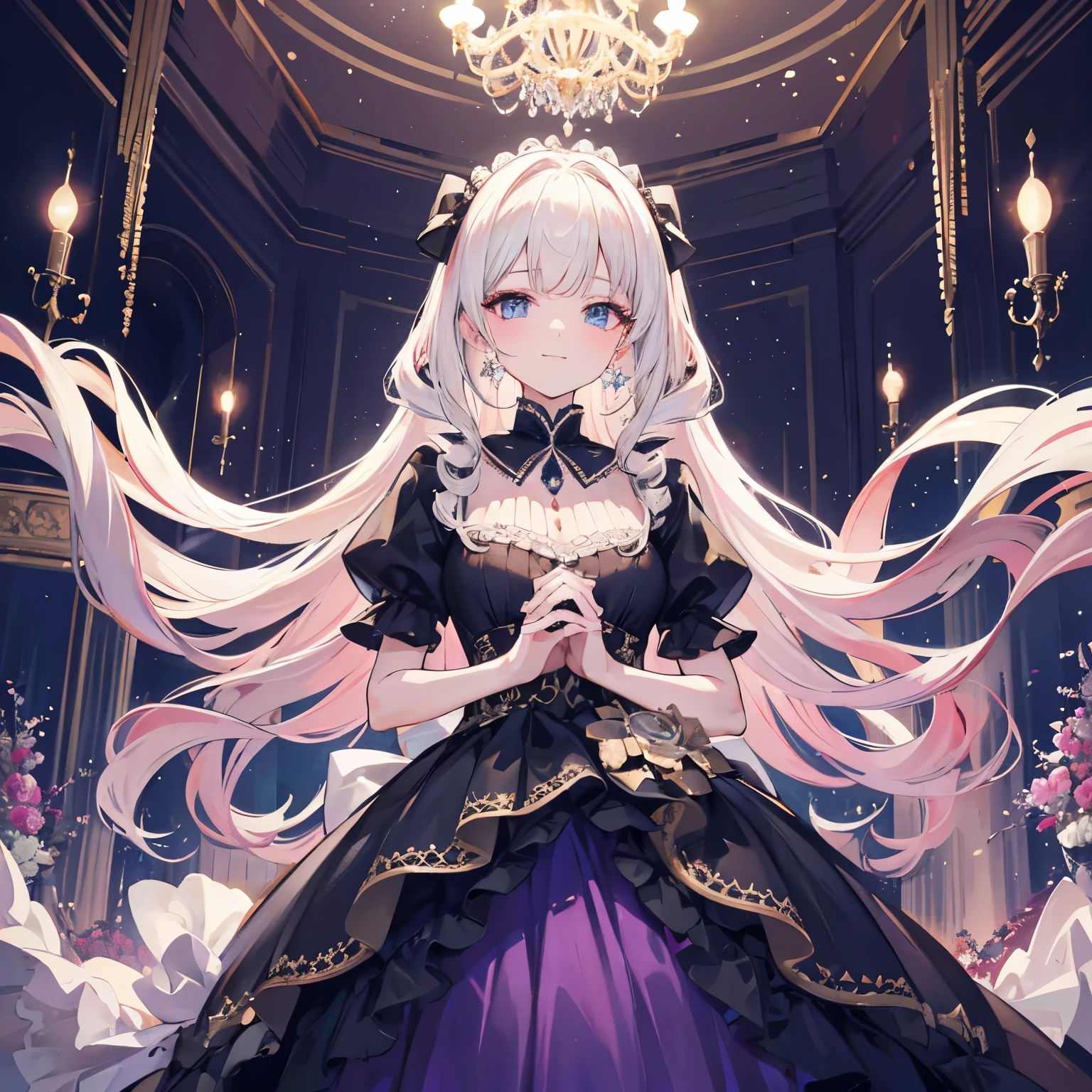 Dramatic composition, court-style dresses, royal, gorgeous, cascading frills, ruffles, bows, crystal chandeliers, Roman curly hairstyles, ponet, double ponytails like drills, look at the camera, bangs, maximalism, palatial background, delicate portrayal of hair and eyes, princess dresses, gorgeous skirts, flowers in hand, smiles, starry eyes, cinematic light, extreme detail, high definition, happy girl, very long hair, diamonds, broken diamonds, crystal fragments, light particles