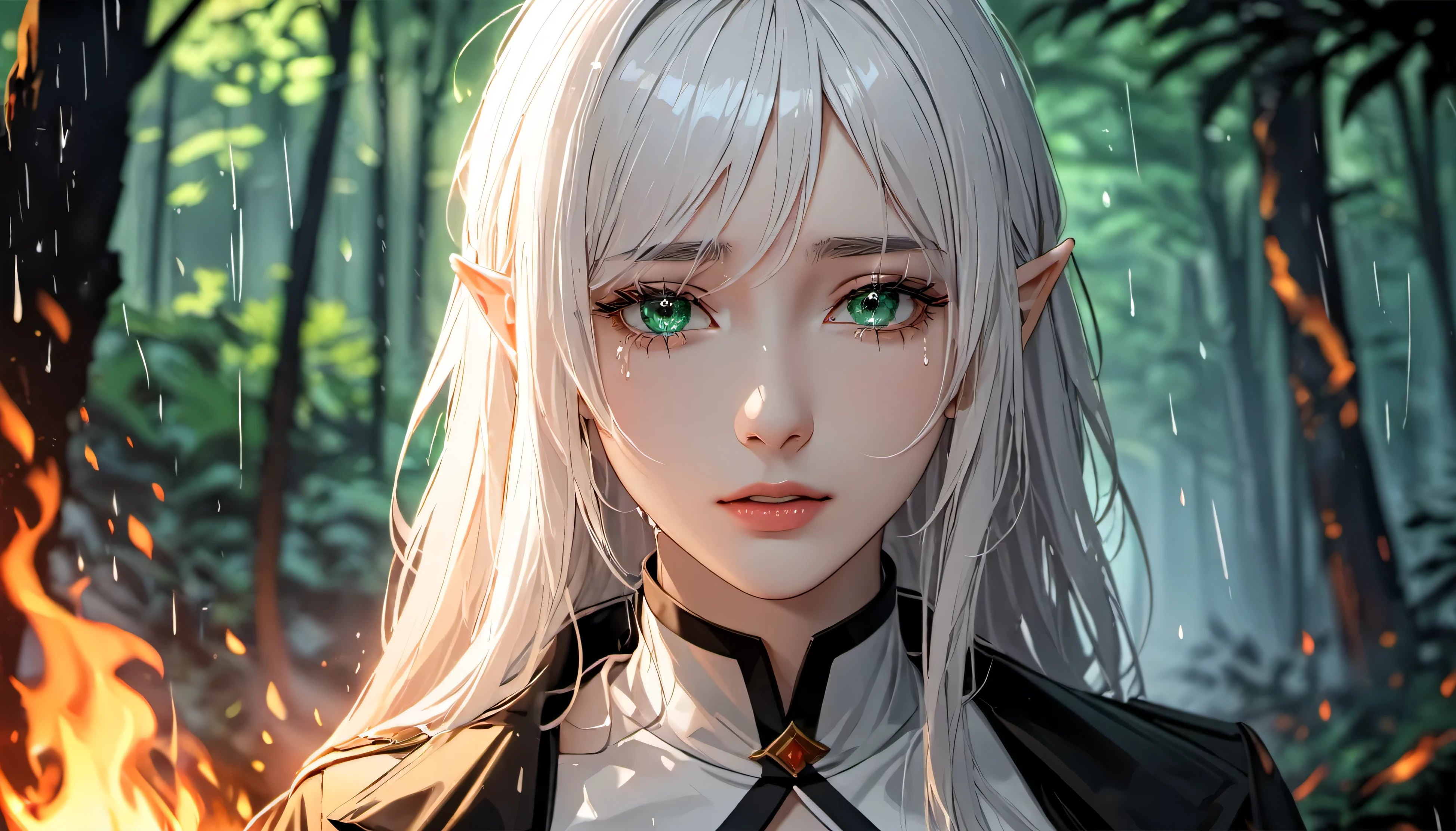 raining a lot, night, raining, best quality, masterpiece, highres, solo, {viviana_arknights}, crying, sobbing, tears, portrait, looking at viewer, Frieren, Frieren and the Journey to the Afterlife elf girl, flowing hair, white hair, fire in the forest, looking at viewer, detailed iris, detailed eyes green, colors highly detailed, 8k, sharp, professional, clear, high contrast, high saturated, , vivid deep blacks, crystal clear, (forest background on fire), simple background, blurry background, masterpiece, best quality
