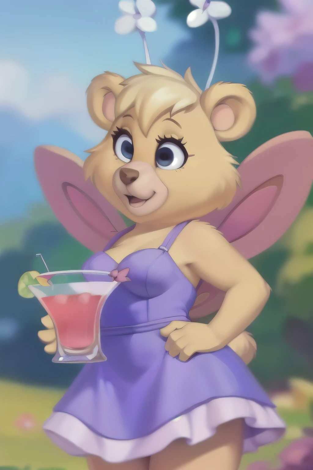 butterbear, bear, antennae_(anatomy), insect_wings, short stack, breasts, blue eyes, looking at viewer,cocktail dress, uploaded on e621, (detailed background, depth of field), (intricate:1.1), (high detail:1.2), (soft focus), (masterpiece, best quality, 4k, 2k, shaded, absurd res), by Chunie, by CyanCapsule, by Hallogreen, 3 toes.. feet showing, 
