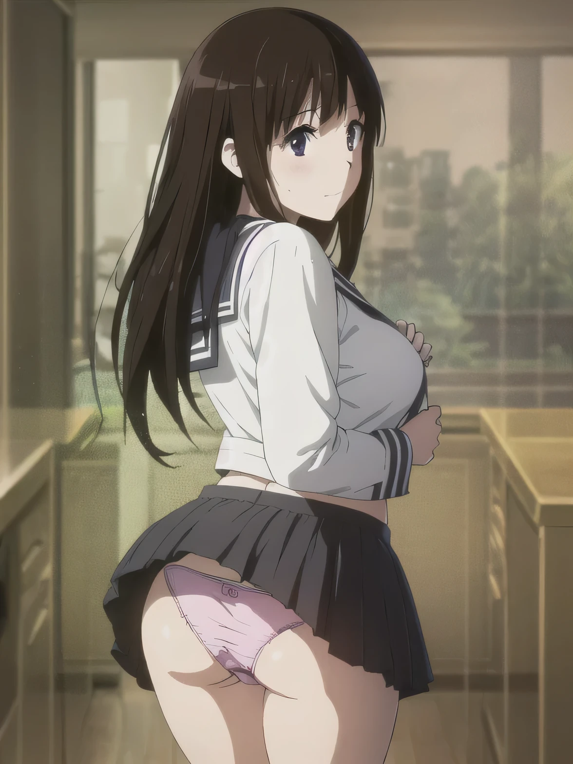 , serafuku, kamiyama high \(hyouka\), black skirt, long sleeve, black sailor collar, ((table top, highest quality, High resolution, nffsw, perfect pixel, 4k, nffsw, nffsw))), 1 girl, single, alone, beautiful woman、I could see the whole body、 ((middle wave hair, bangs, brown hair)), ((brown eyes, beautiful eyelashes, realistic eyes)), ((detailed face, blush:1.2)), ((smooth texture:0.75, realistic texture:0.65, realistic:1.1, Anime CG style)), medium breasts, dynamic angle, perfect body, A classroom with no people、classroom、evening、((back view、look back、side boob))、Very embarrassing panic smile、(lift the skirt with your right hand:1.3、Massage your chest with your left hand、)、(((show panties:1.5))), stick out one&#39;s butt:1.5