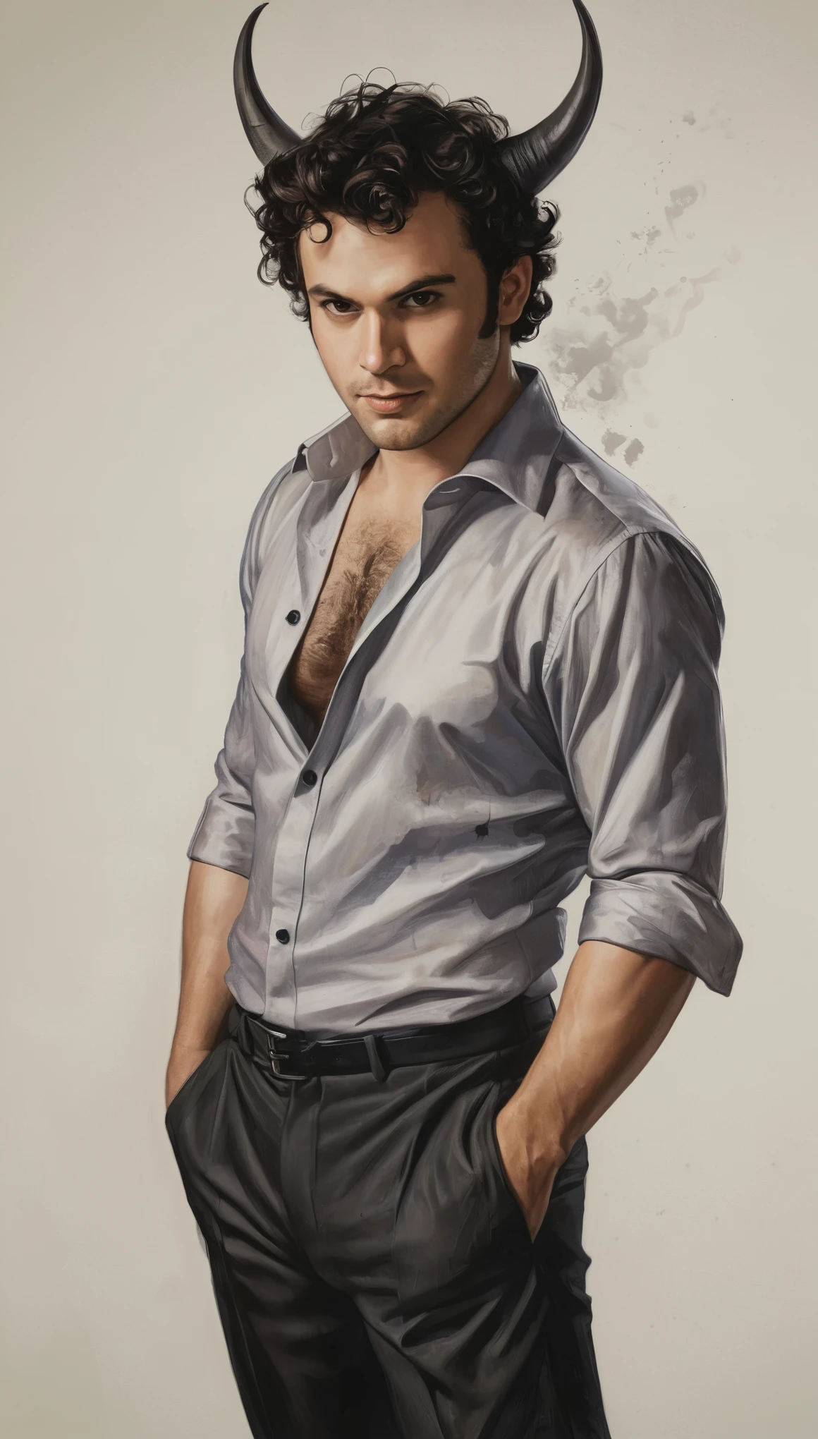 An illustrated movie poster, hand-drawn, full color, a male demon, 28 years-old, wearing a silk shirt and black slacks, reddish skin, stocky physique, soft belly, slightly chubby, deep brown eyes, wide bulbous nose, full lips, devil horns, black hair, curly hair, thick bushy eyebrows, extremely hairy chest, stomach, and arms, lots of body hair, surrounded by fire, hard shadows, graphite shading, stencil markings, airbrushed acrylic paint, masterpiece