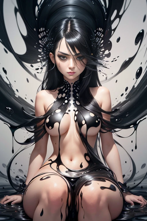 A young woman with black hair sitting inside a shell, Perfect proportions, (detailed eyes, eye correction), long straight hair, anger and resentment, ((More liquid paint splashes)), sitting posing for a photo, (Abstract art:1.6), (Delicate images), (Photorealistic: 1.4), (Highly detailed), (high resolution), (Best quality), (masterpiece)
