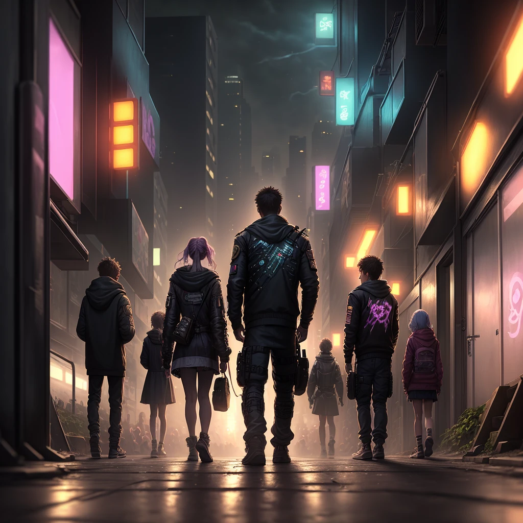 Poor people on a streets in a cyberpunk city. Emphasis on the teen in front of them