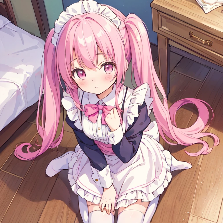 (best quality, masterpiece:1.2), illustrations, a cute girl, early s, very lovingly face, twintails, pink hair, maid wear, (blush:1.1), kneeling on wooden floor, in front of standing viewer, (from above:1.5), over looking, in the livingroom,