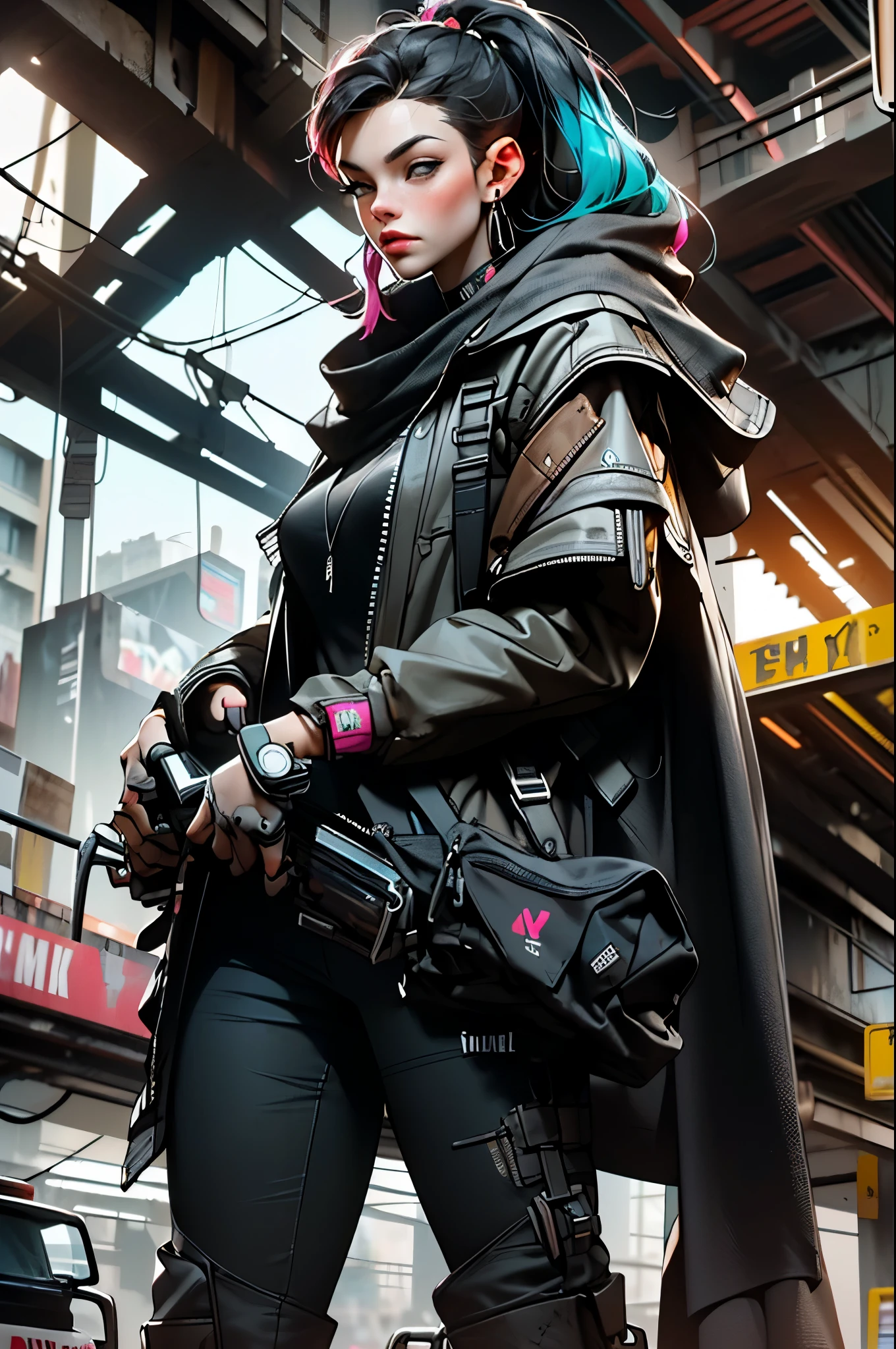 ((best quality)), ((masterpiece)), (very detailed body and face:1.3), 3D, Beautiful (cyberpunk:1.3) Beautiful woman with wavy hair and voluminous modern style VERY DETAILED AND BRIGHT,((with weapons in his hands) ), (((futuristic Mad Max movie style background))), (((pink and cyan neon lights at night))), night image, at night, 32k