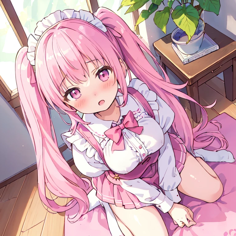 (best quality, masterpiece:1.2), illustrations, a cute girl, early teens, very lovingly face, twintails, pink hair, maid wear, (blush, aroused, open mouth:1.2), kneeling on wooden floor, in front of standing viewer, (from above:1.5), over looking, in the livingroom, nsfw,