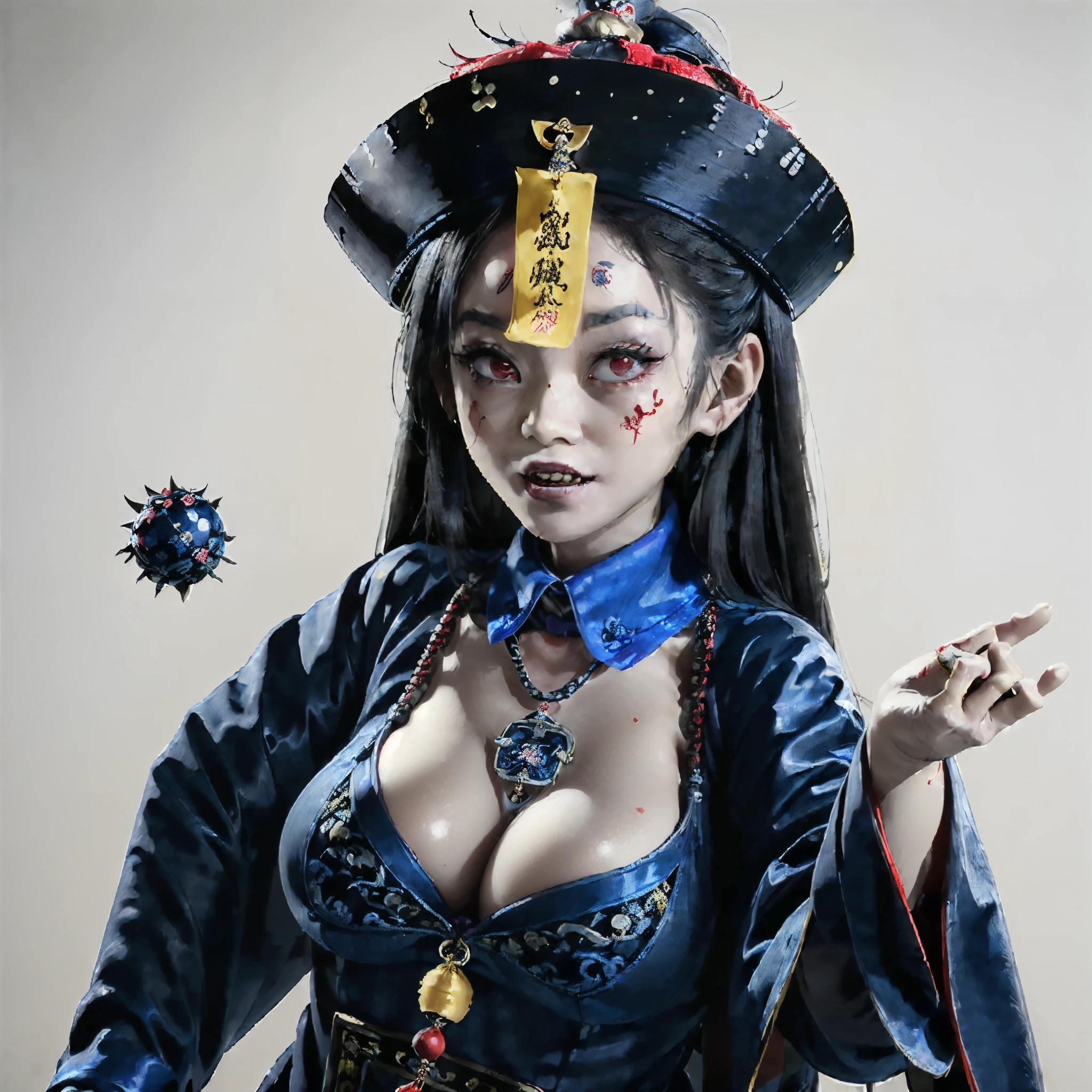   ((top quality, 8 thousand, masterpiece:1.3)) , intricate details, jiangshi girl costume, woman in her 20s, dressed as a jiangshi, (paper amulet on forehead:1.6), alone, (Sinister atmosphere), (bundle), (((Detailed depiction of a Jiangshi girl with a yellow cloth on her head))), (creepy pose:1.1), (spooky lighting), (huge breasts: 1.5), Beauty