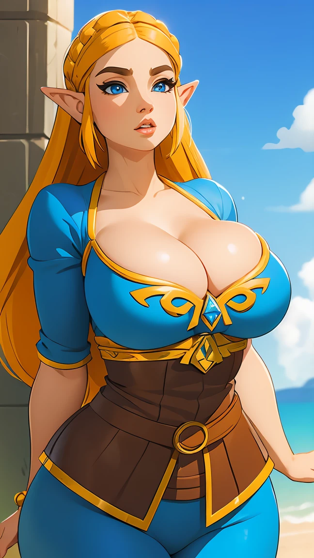 ((masterpiece)), ((best quality)), (detailed), perfect, solo, zelda, gorgeous woman, luscious lips, long hair, huge breast, deep cleavage, huge breasts, sexy,