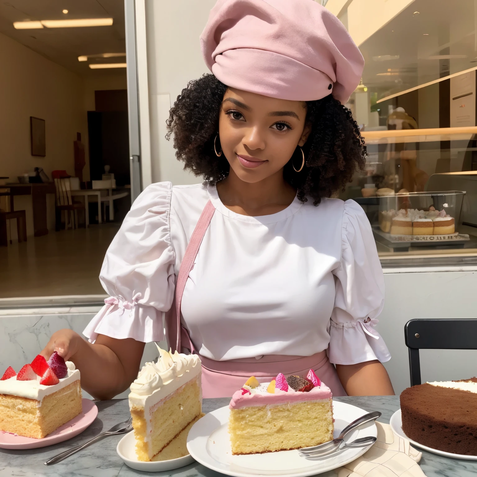 16:56:48 
Expira em 13 dia(s)
((Melhor qualidade)), ((obra de arte)), (detalhado), rosto perfeito afrodescendente ,curly hair boss hat and a white and pink sleeve blouse,with a cake in hand and a spatula
