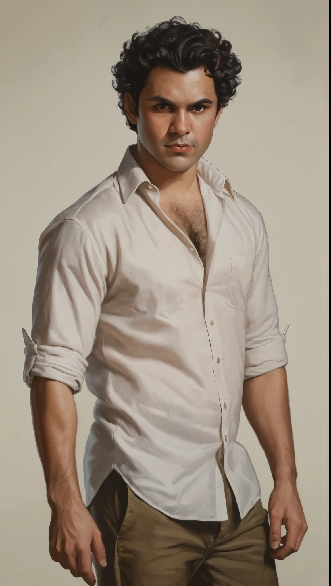 An illustrated movie poster, hand-drawn, full color, a male demon, 28 years-old, wearing a linen shirt and chinos, reddish skin, stocky physique, soft belly, slightly chubby, deep brown eyes, wide bulbous nose, full lips, devil horns, black hair, curly hair, thick bushy eyebrows, extremely hairy chest, stomach, and arms, lots of body hair, surrounded by fire, hard shadows, graphite shading, stencil markings, airbrushed acrylic paint, masterpiece