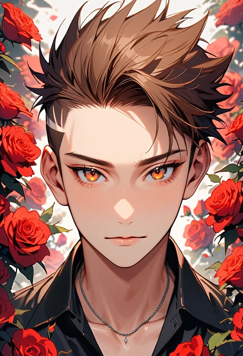 A young man, 21-years-old, solo, Caucasian, mature face, wild spiky undercut brown hair, orange eyes, black formal shirt, thin silver necklace, surrounded by red roses, close-up, portrait, looking straight at viewer
