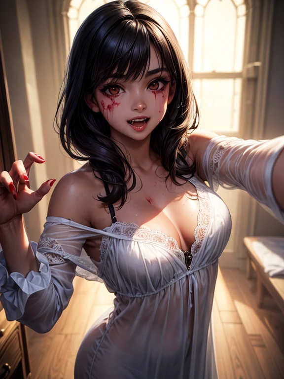 art), (best quality), 1 girl, 18 years old, Cinematic light, 4k resolution, beautiful brown eyes, realistic, visible features, beautiful face, Anatomically correct, Highly detailed face and skin texture, Thin eyebrows, Bright eyeliner, natural cheek, fair skin, bright lips, sunlight, shine, black hair, bangs, medium hair, medium breasts, round breasts, open transparent nightgown, (((blood stains on the body))), wide open mouth, vampire smile , ((showing fangs)), (((you like blood on your face), looking at the camera..