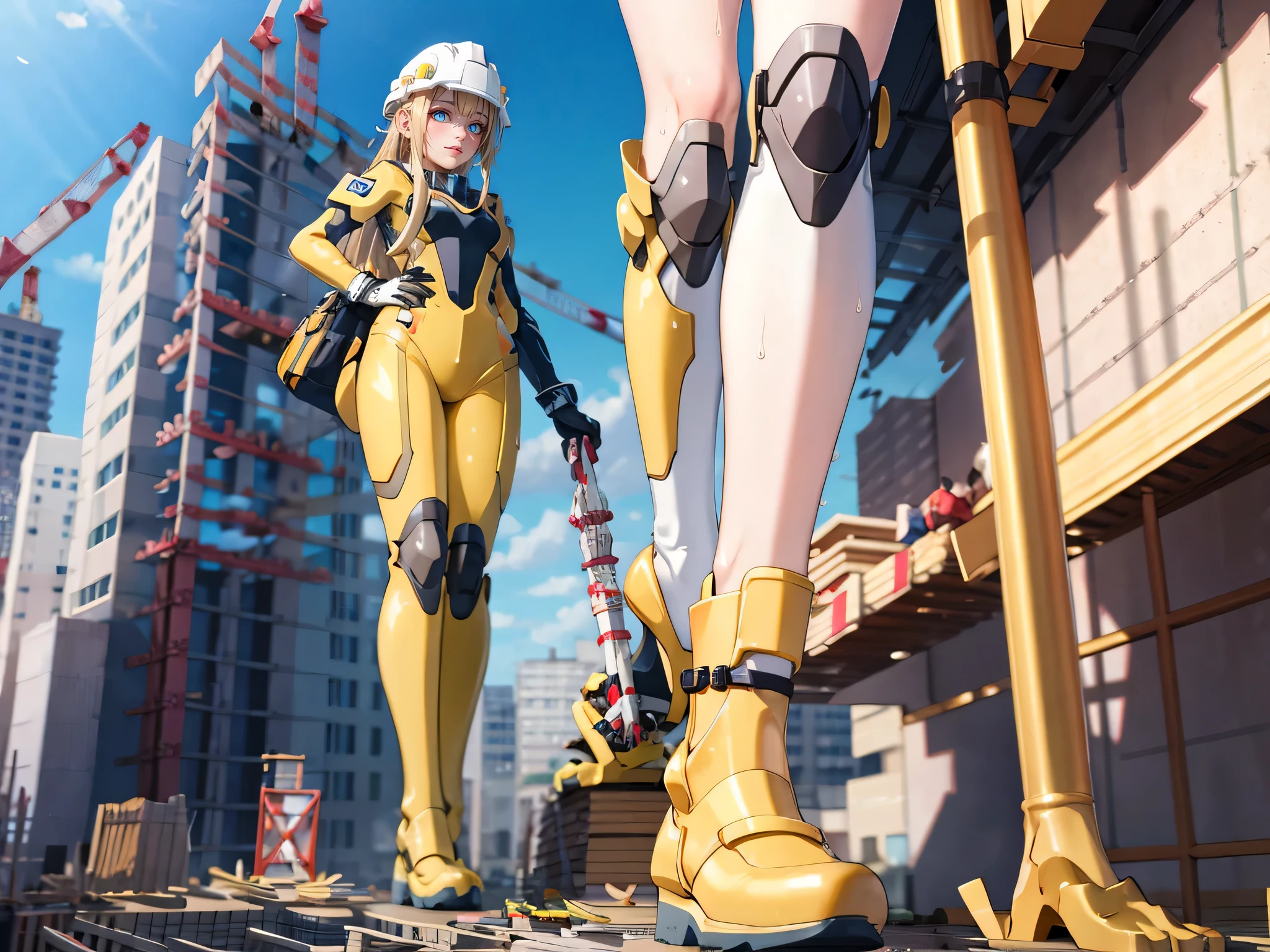 (realistic photo:0.0), (ultra-realistic:1.0), (masterpiece:0.0), (best quality:1.3), intricate details, Ultra Detailed, sharp focus, full color, (Depth-of-field:1.0), (super fine-illustration:1.0), (Natural Light, Daylight:1.0),
(2girls:1.3), (digital anime female girls:1.0), (college age:1.0), (seductive anime girls),
slim body, (wear yellow clothes:0.7), yellow and white space suit, (mecha girl:1.0), (sweaty skin:1.2), (cargo pants:0.8), futuristic science city, (city:0.0), (Work safety:0.5), (Construction site:1.6), There are many small workers underfoot. (full body shot:1.3), from below,