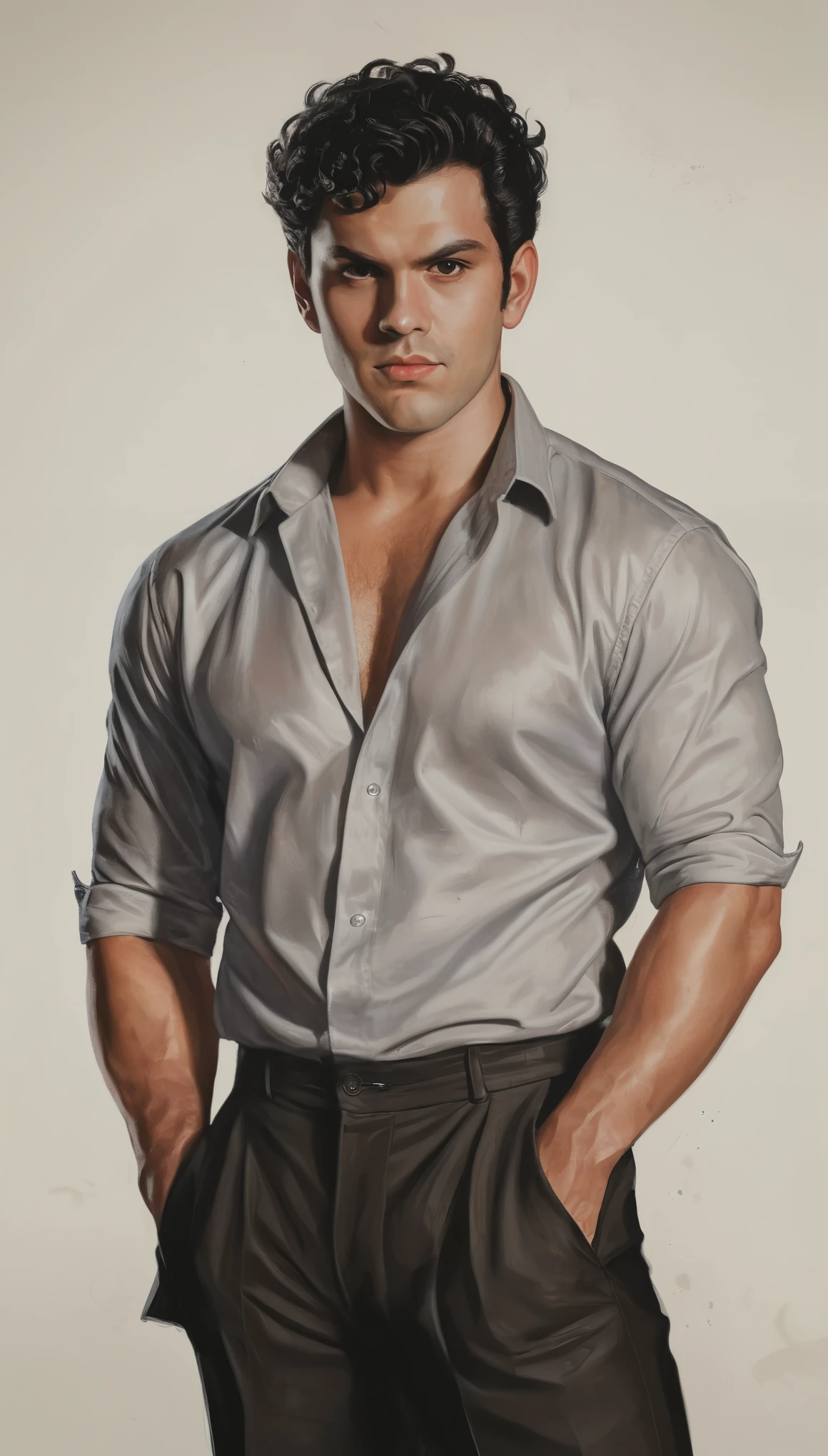 An illustrated movie poster, hand-drawn, full color, a male demon, 28 years-old, wearing a silk shirt and black slacks, reddish skin, stocky physique, soft belly, slightly chubby, deep brown eyes, wide bulbous nose, full lips, devil horns, black hair, curly hair, thick bushy eyebrows, extremely hairy chest, stomach, and arms, lots of body hair, surrounded by fire, hard shadows, graphite shading, stencil markings, airbrushed acrylic paint, masterpiece